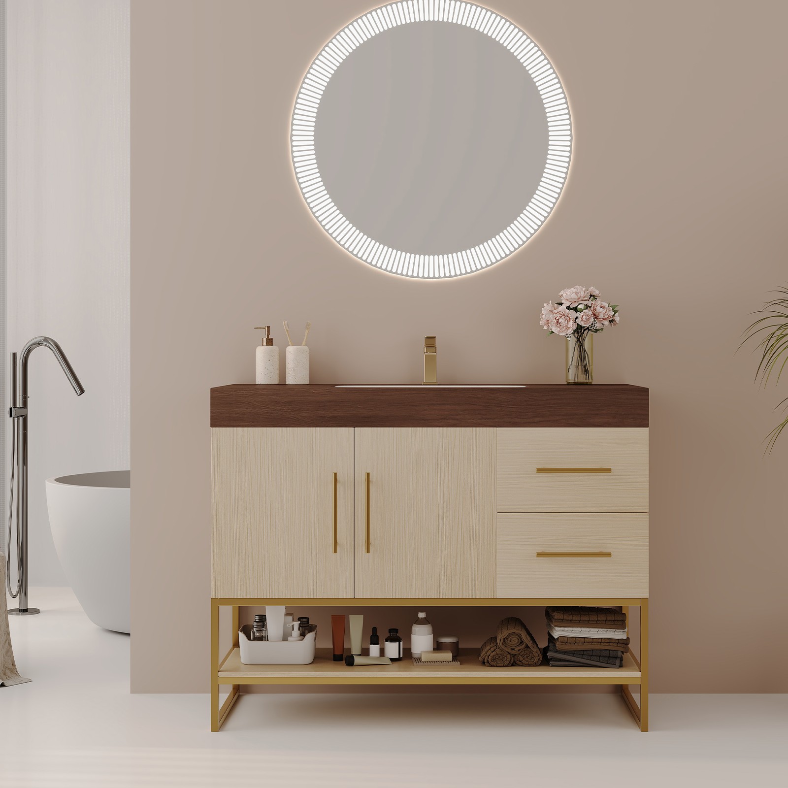 36″ Free-Standing Bathroom Vanity w/Seamless Ceramic Sink & Sintered Stone Top