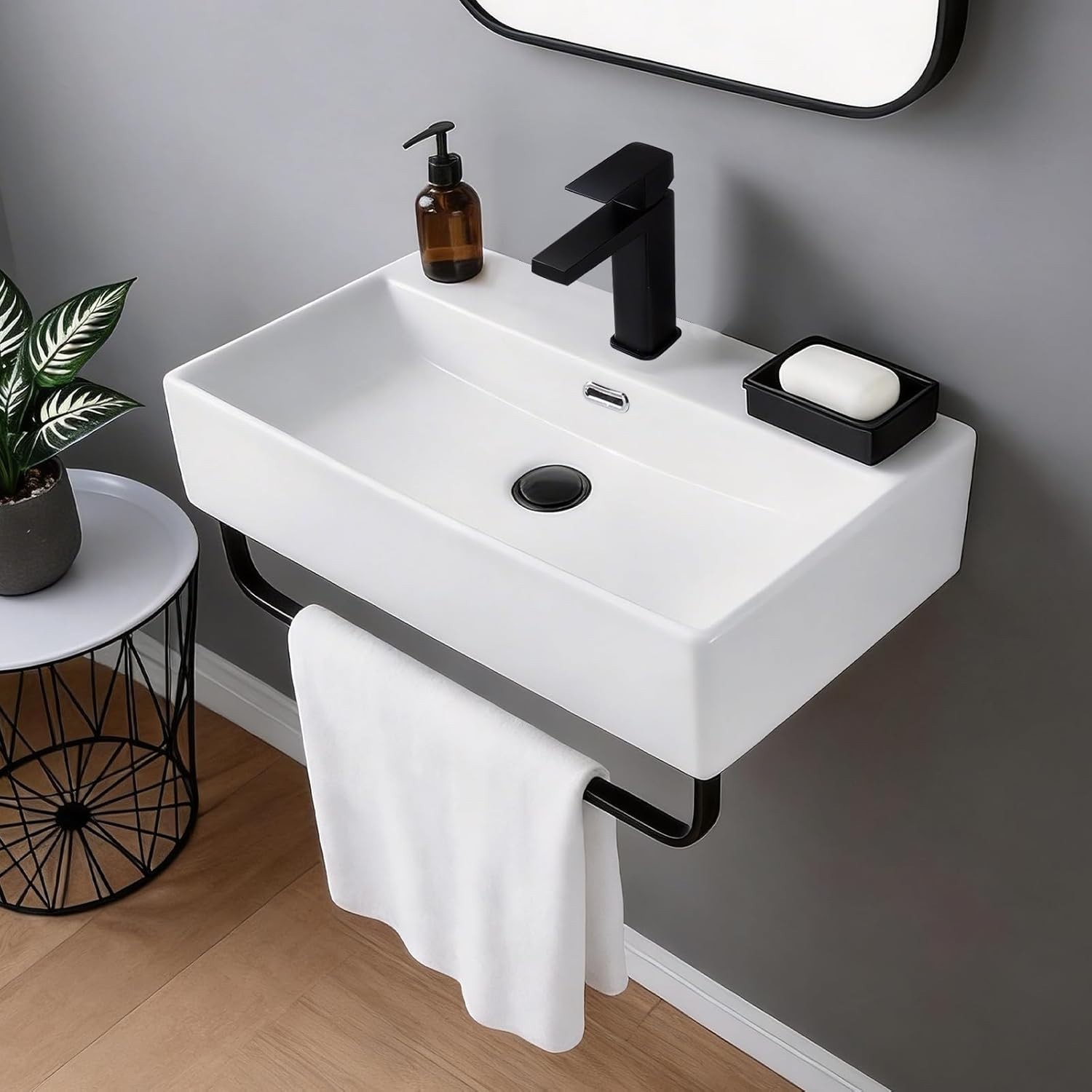 24″ Wall Mount Sink with Towel Rack – Small Ceramic Floating Bathroom Basin