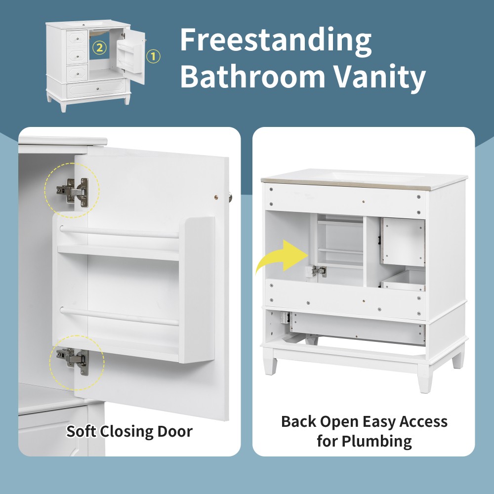 30″Bathroom Vanity with Sink Freestanding White Vanity Cabinetwith Ceramic Basin