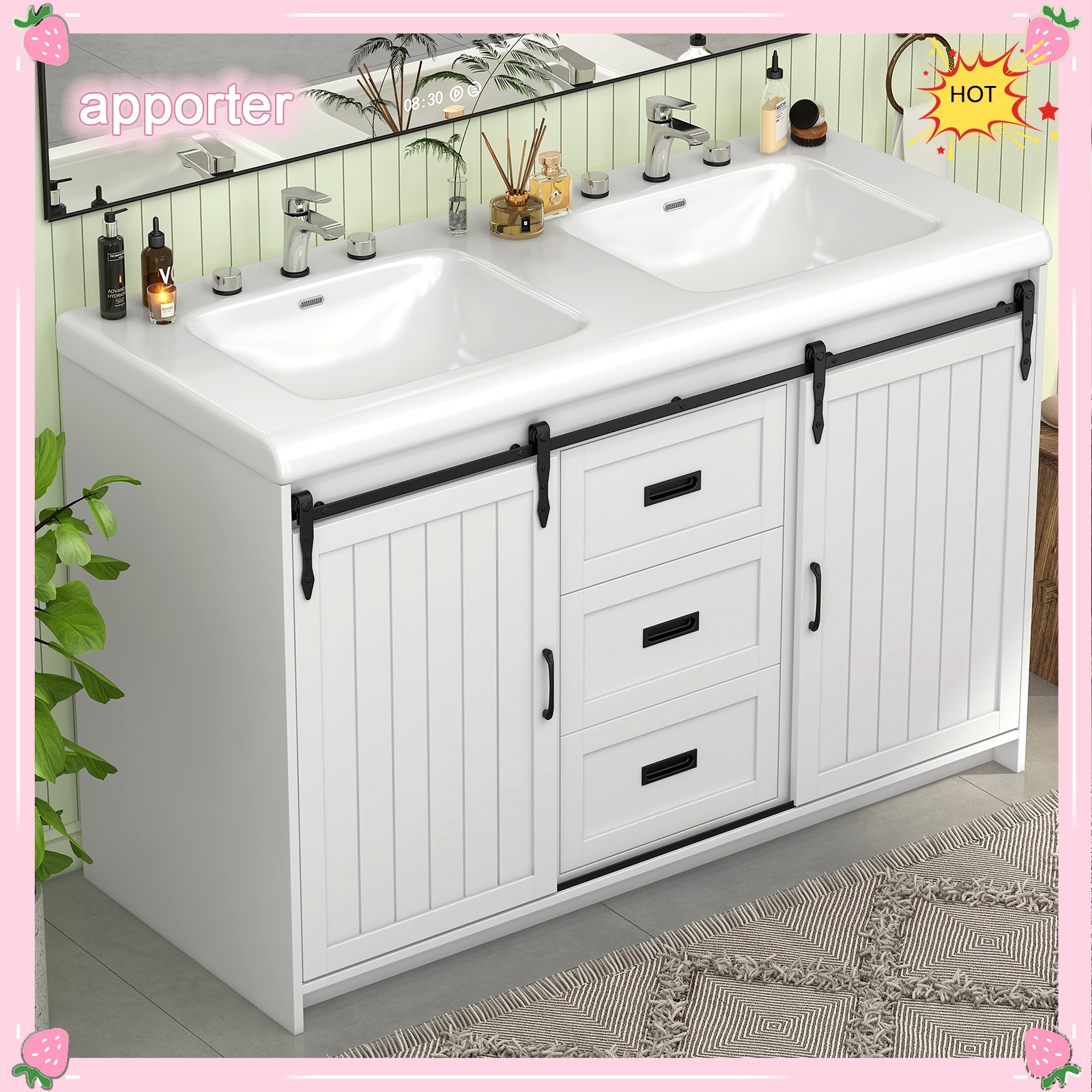 Bathroom Vanity with Double Sink Cabinet Ceramic Basin & 2 Drawers +2 Doors USA