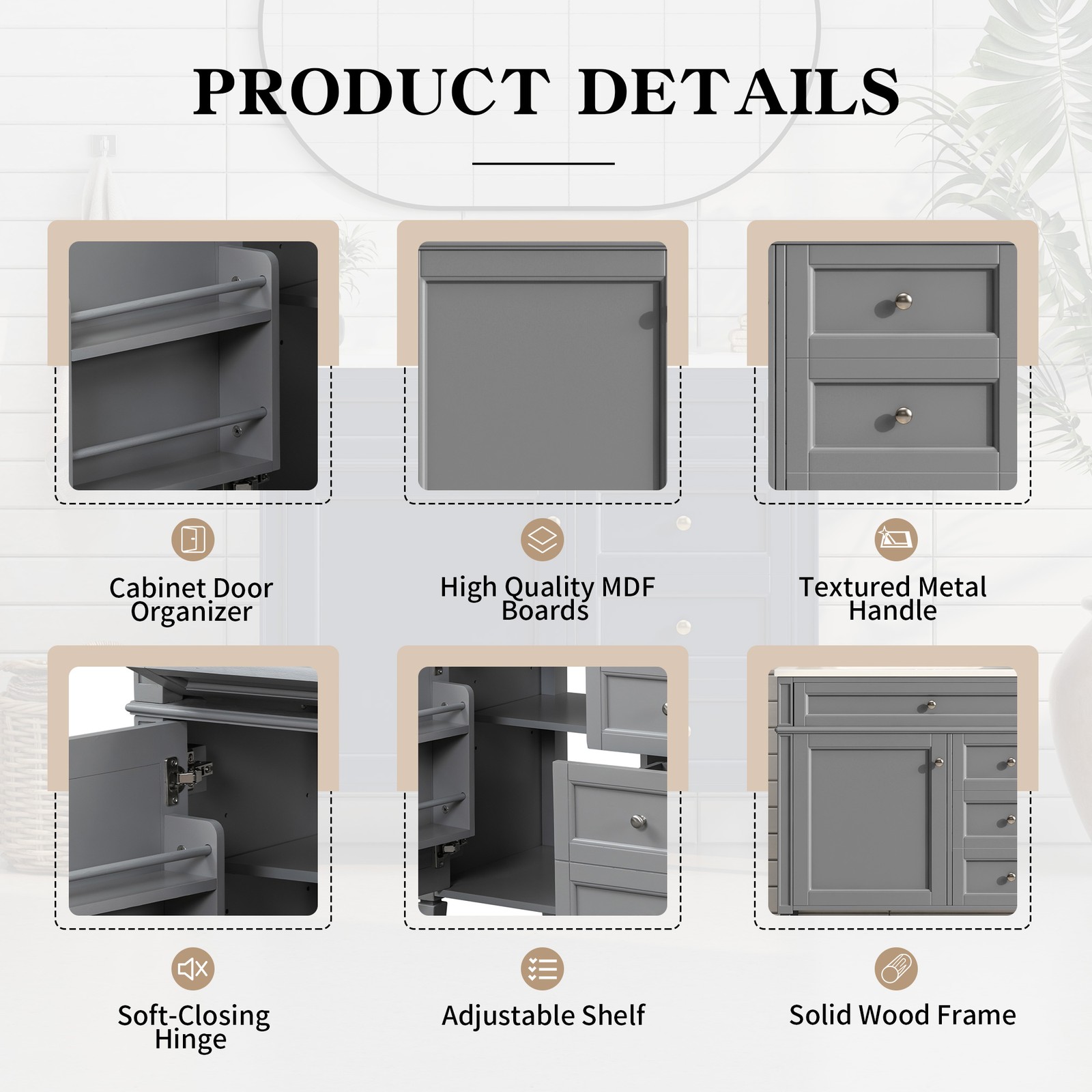 Single sink bathroom dressing table,2 soft-closed doors and 2 drawers
