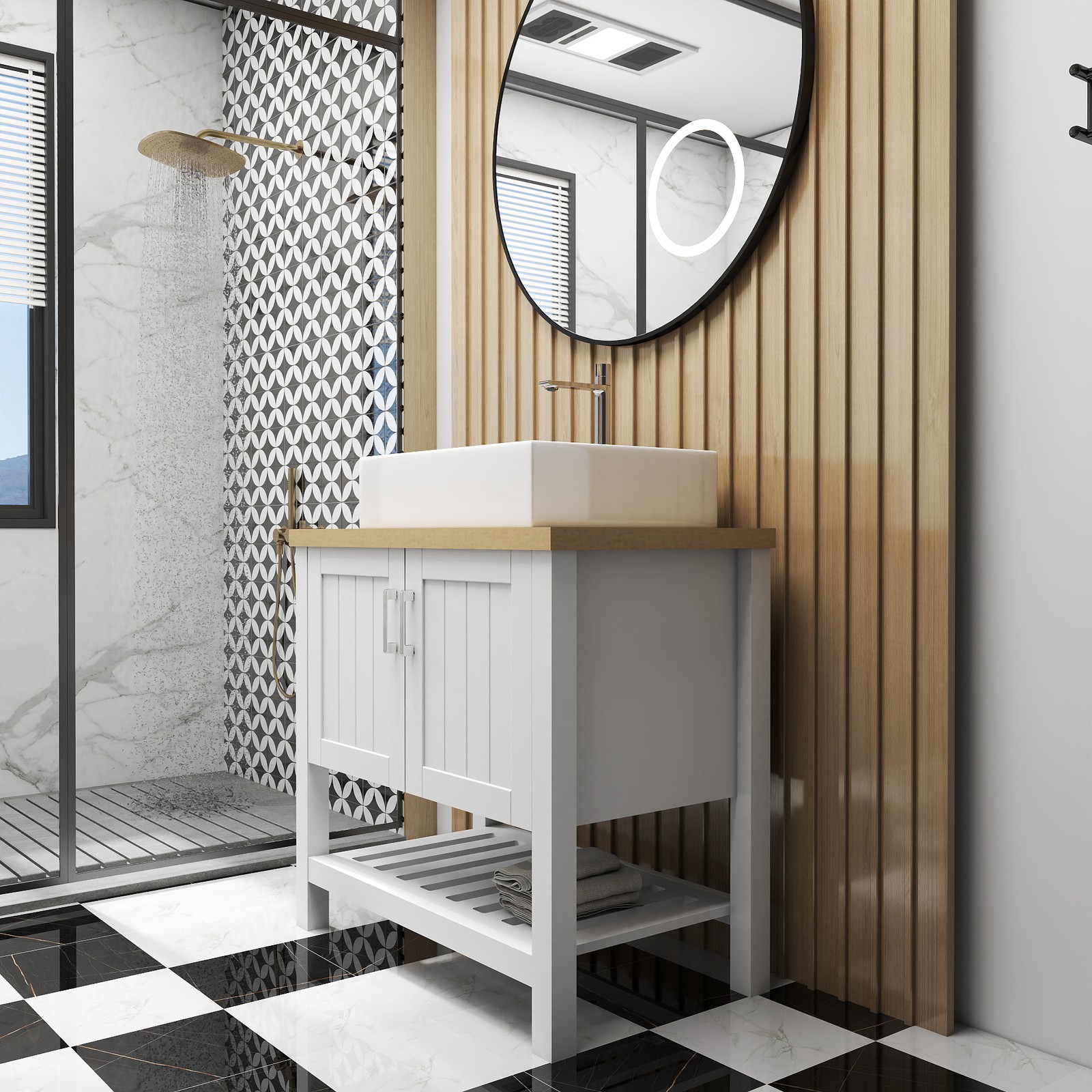 32″ Bathroom Vanity with Sink,Bathroom Vanity Cabinet with Doors and Open Shelf