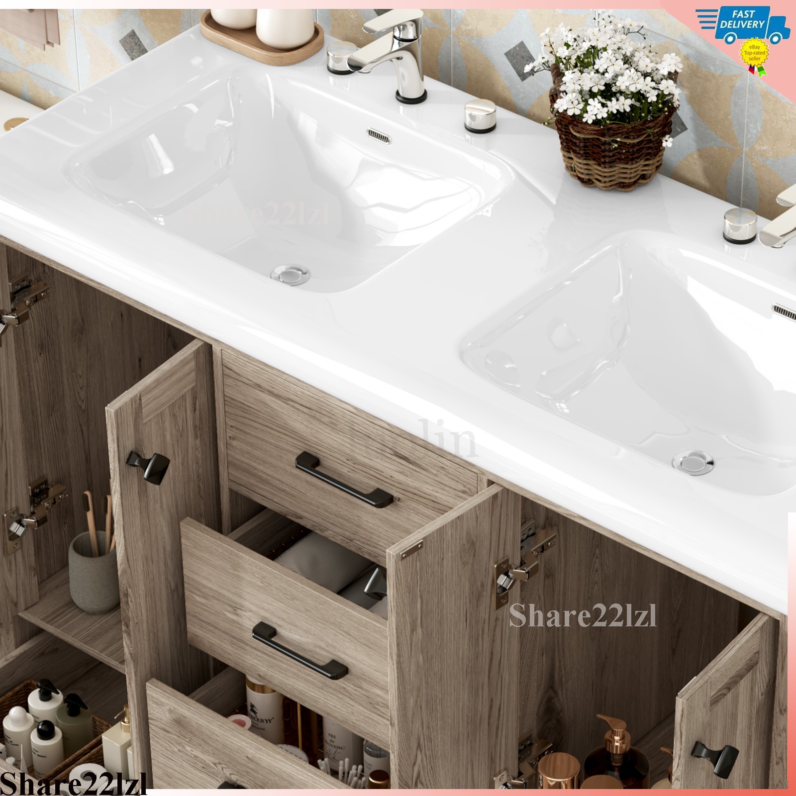 47″ Bathroom Vanity with Double Sink Combo Storage Cabinet w/ Doors and Drawers