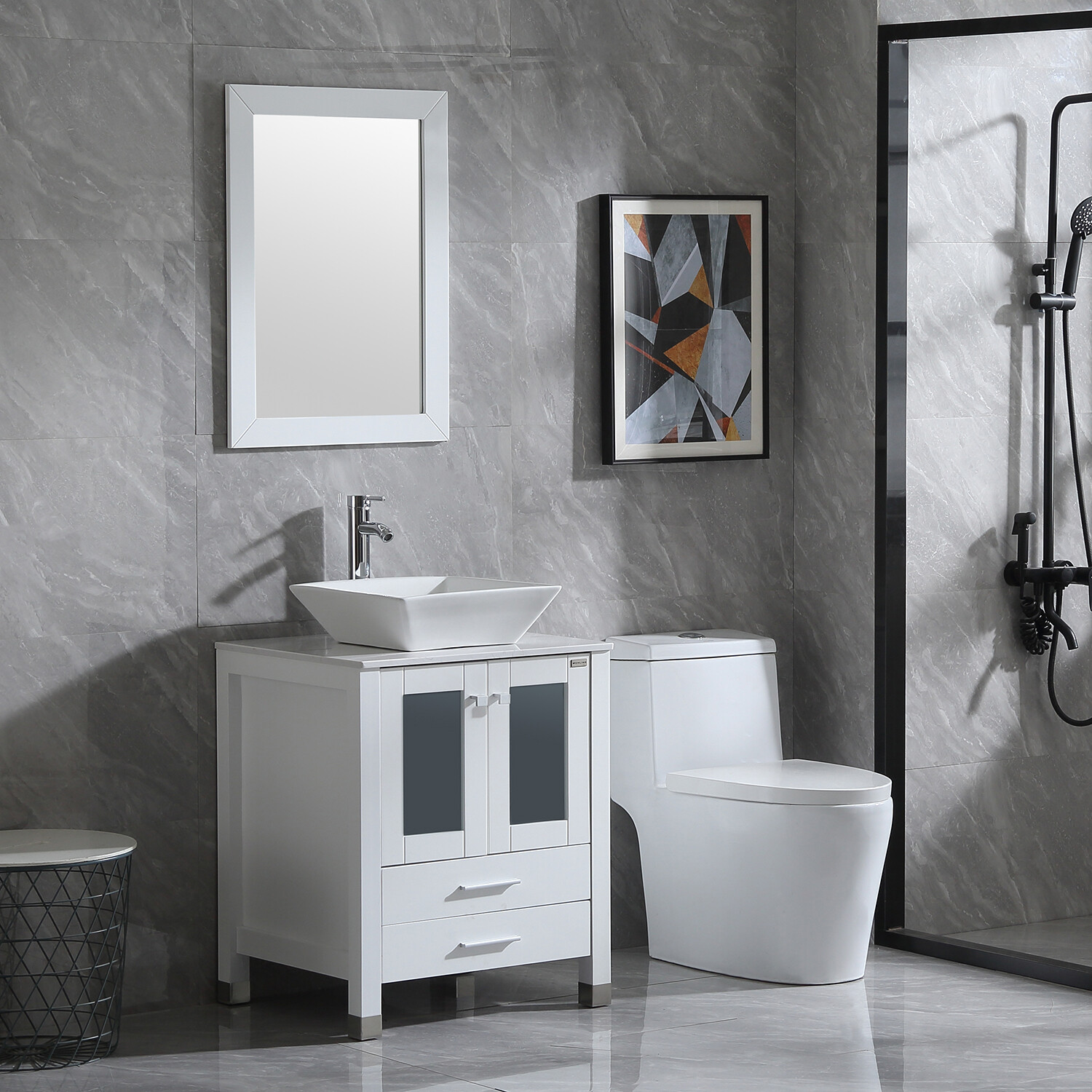 24″ Bathroom Vanity Single Basin Ceramic Sink Set with Faucet Mirror Combo white
