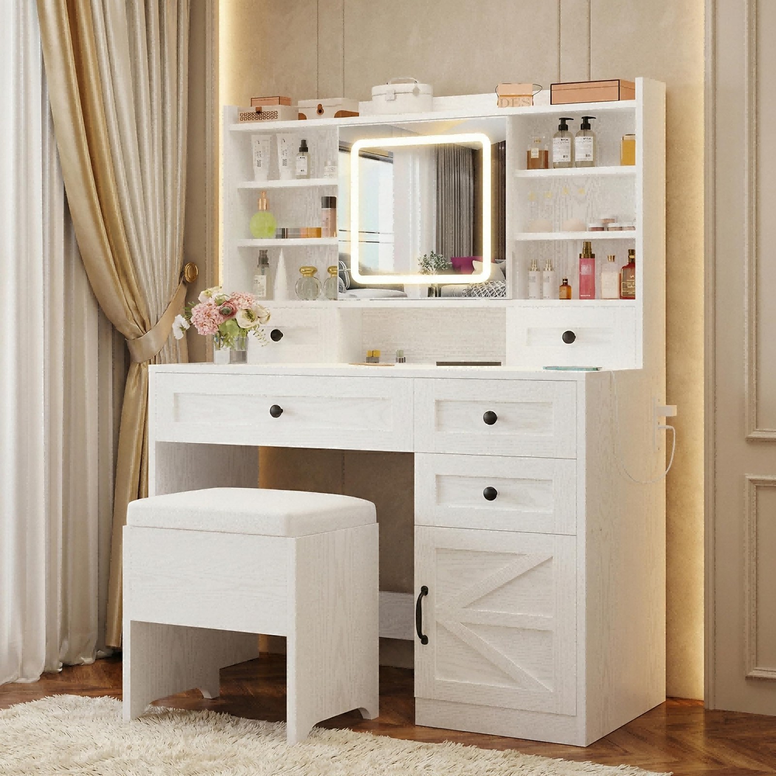 Vanity Desk LED Mirror 5 Drawers Cabinet Shelves Power Outlet Stool White