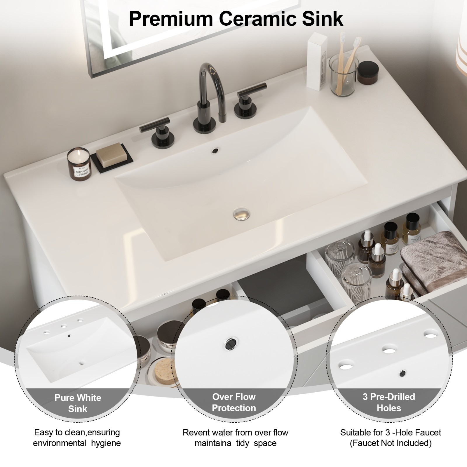 36″ 30″ 24″ Wall Mounted Bathroom Vanity Cabinet with Ceramic Sink Combo White