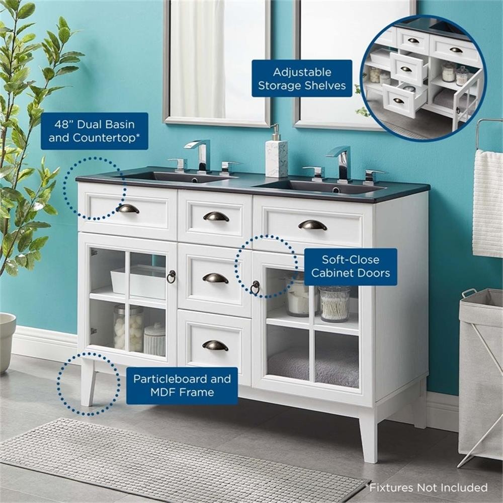 Modway Isle 48″ Wood/Ceramic Double Bathroom Vanity Cabinet in White/Black