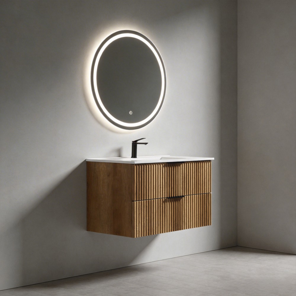 35.04 in Modern Golden Oak Floating Vanity with Ceramic Sink