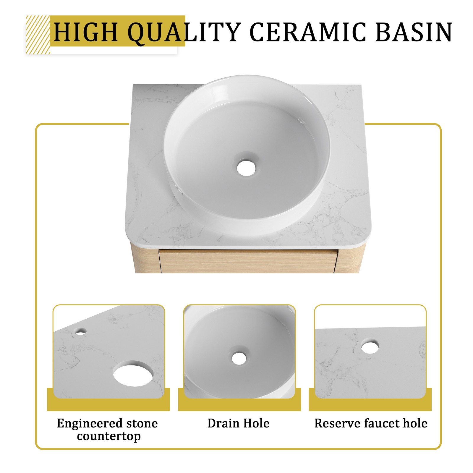 36in Plywood Floating Bathroom Vanity W/White Ceramic Basin Sink Storage Shelves