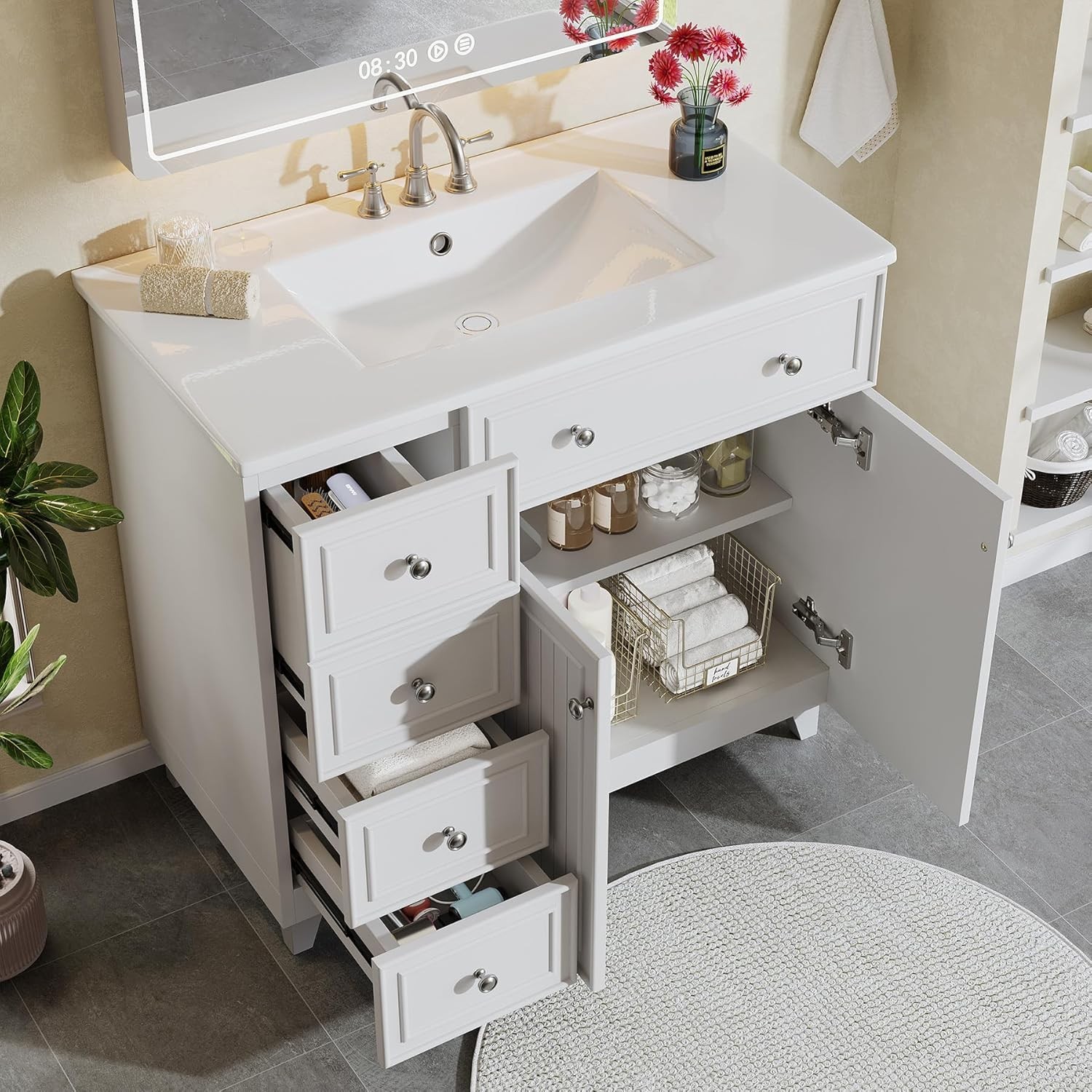 36″ Bathroom Vanity with Sink, Bathroom Sink Cabinet with 5 Drawers & 2 Doors