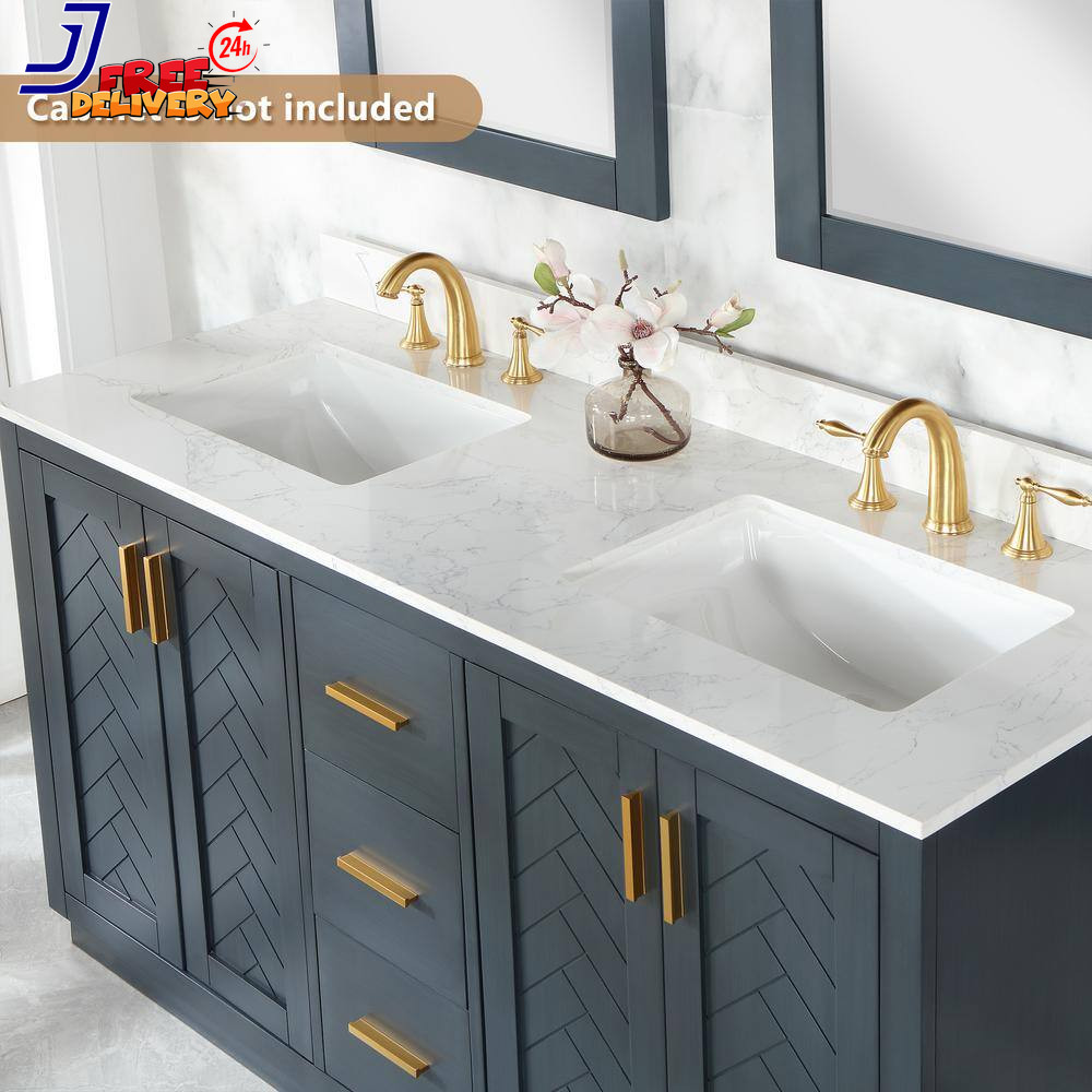 Ceres 61″ Engineered Stone Vanity Top in Grain White with Double White Sinks