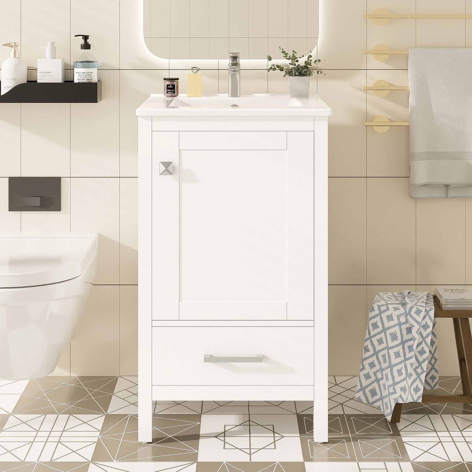 Modern Bathroom Vanity w/Ceramic Sink,Storage Cabinet w/Soft-Close Drawer & Door