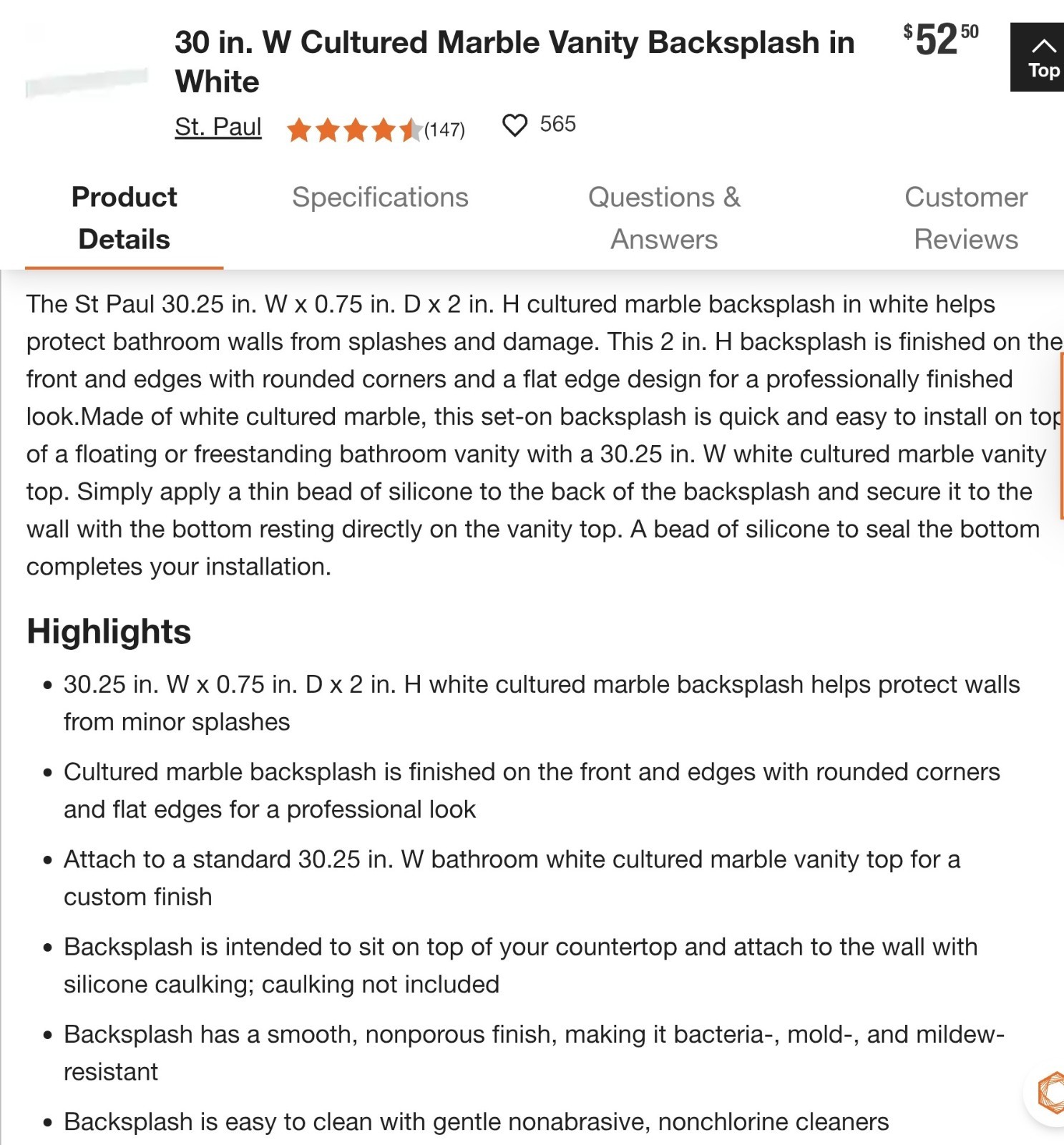 St. Paul 30″W x 2″H Cultured Marble Vanity Backsplash in White NEW BSAL30COM-WH