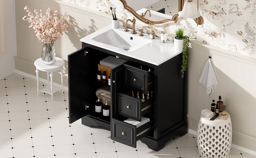 36 Inch Transitional Bathroom Vanity with Ceramic Sink, Black