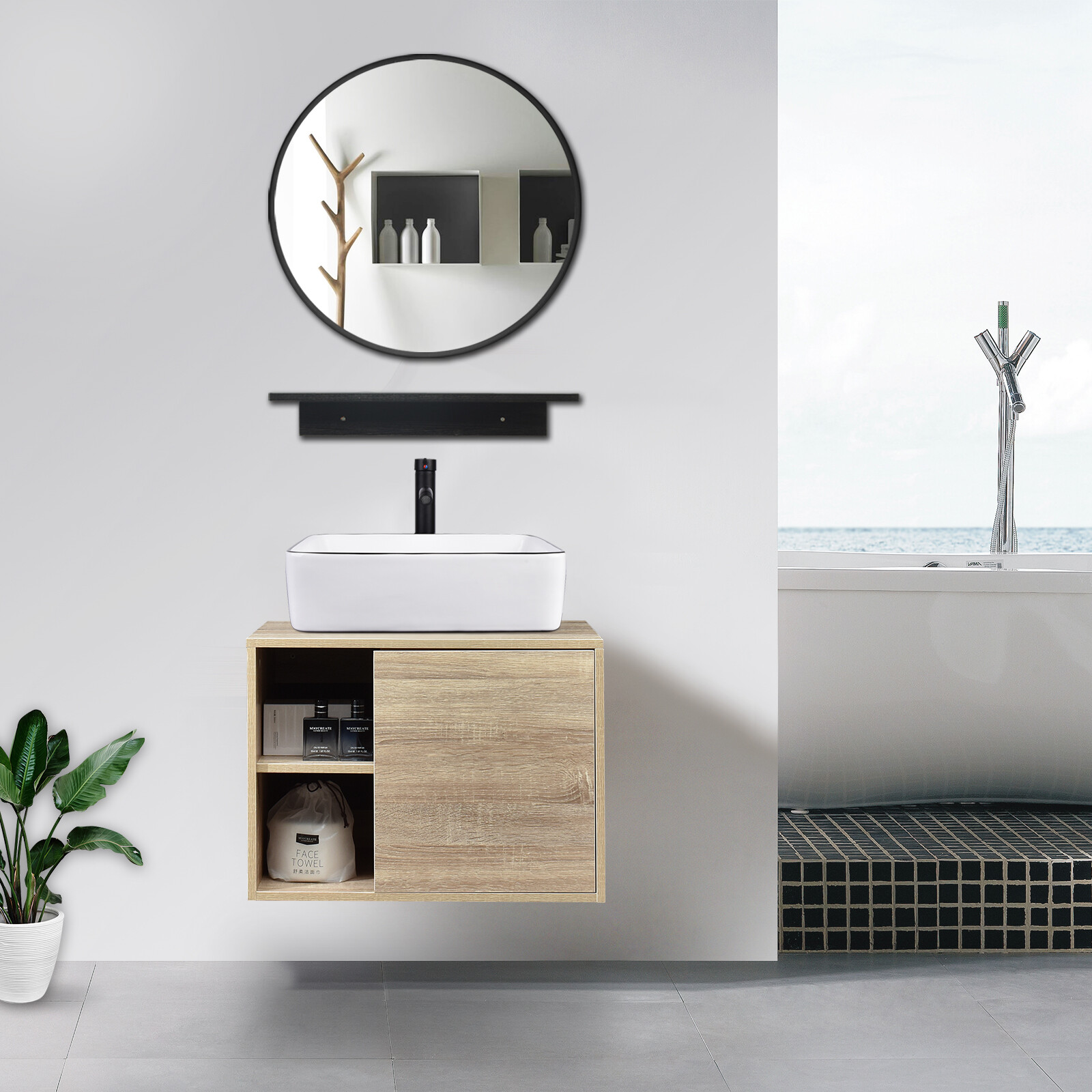 24 Inch Bathroom Vanity Set with Ceramic Sink Wall Mounted Floating Cabinet