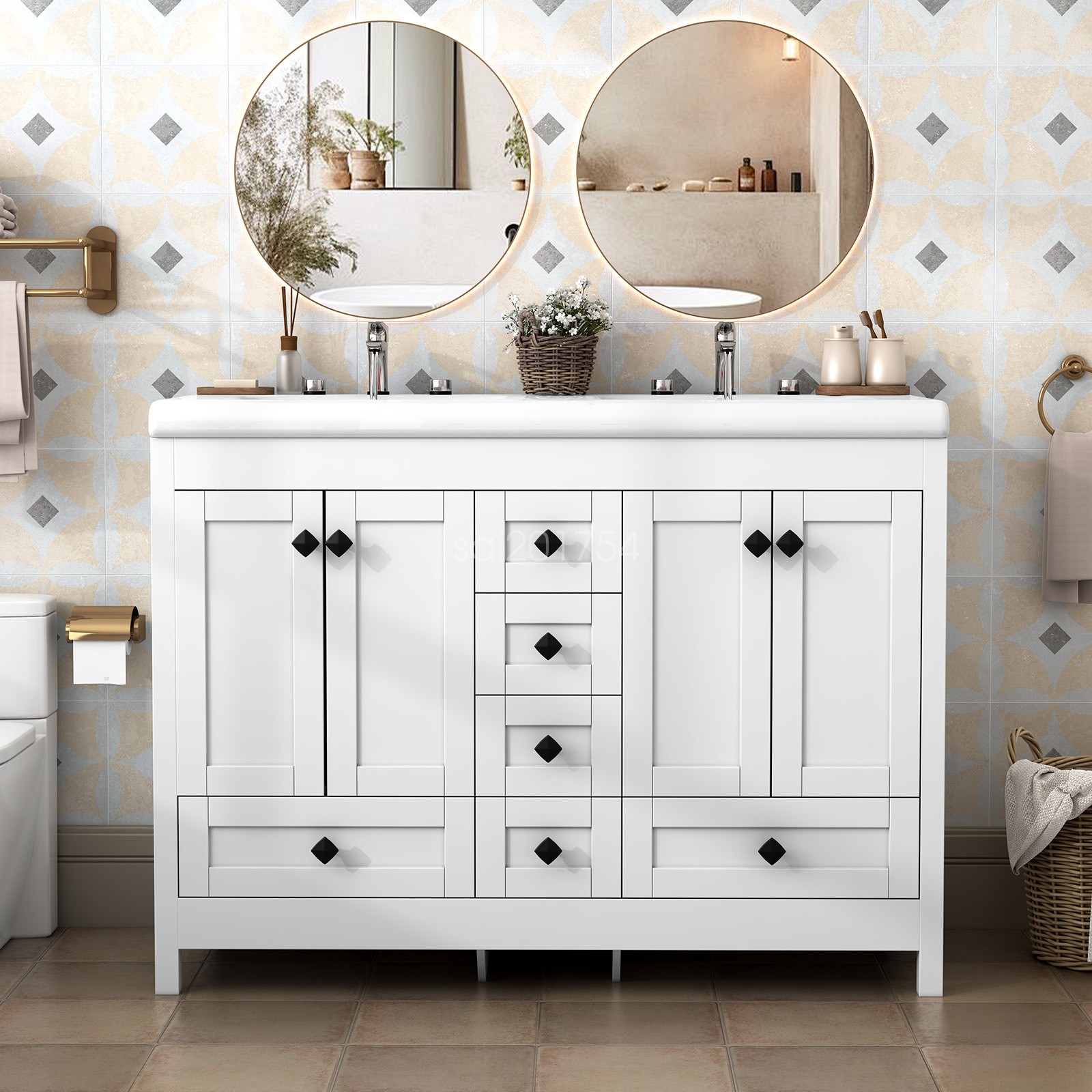 47.3″ Bathroom Vanity Freestanding Double-Basin Ceramic Sink Cabinet Washbasin
