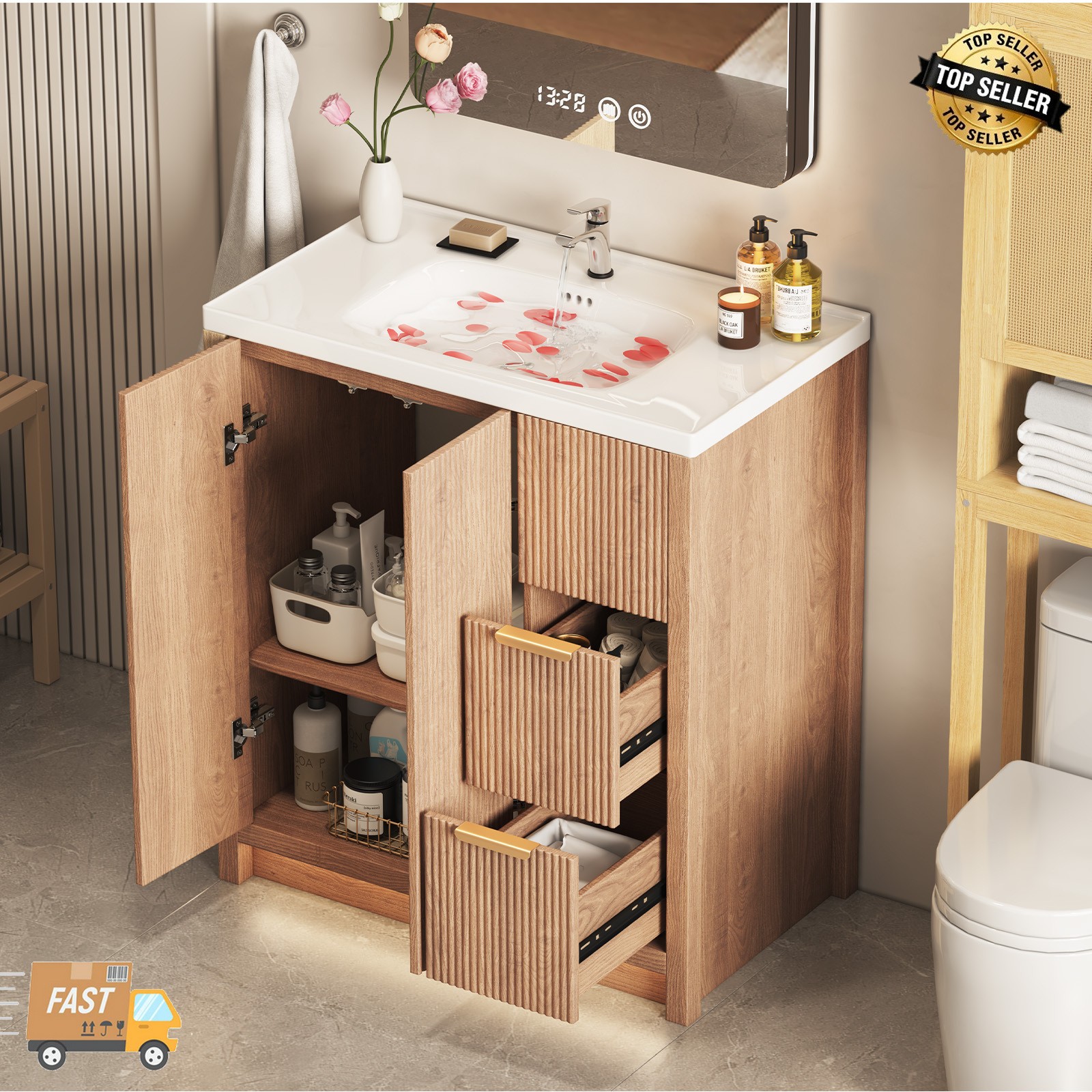 31 Inch Wooden Bathroom Vanity with Ceramic Sink Modern Bath Storage Cabinet