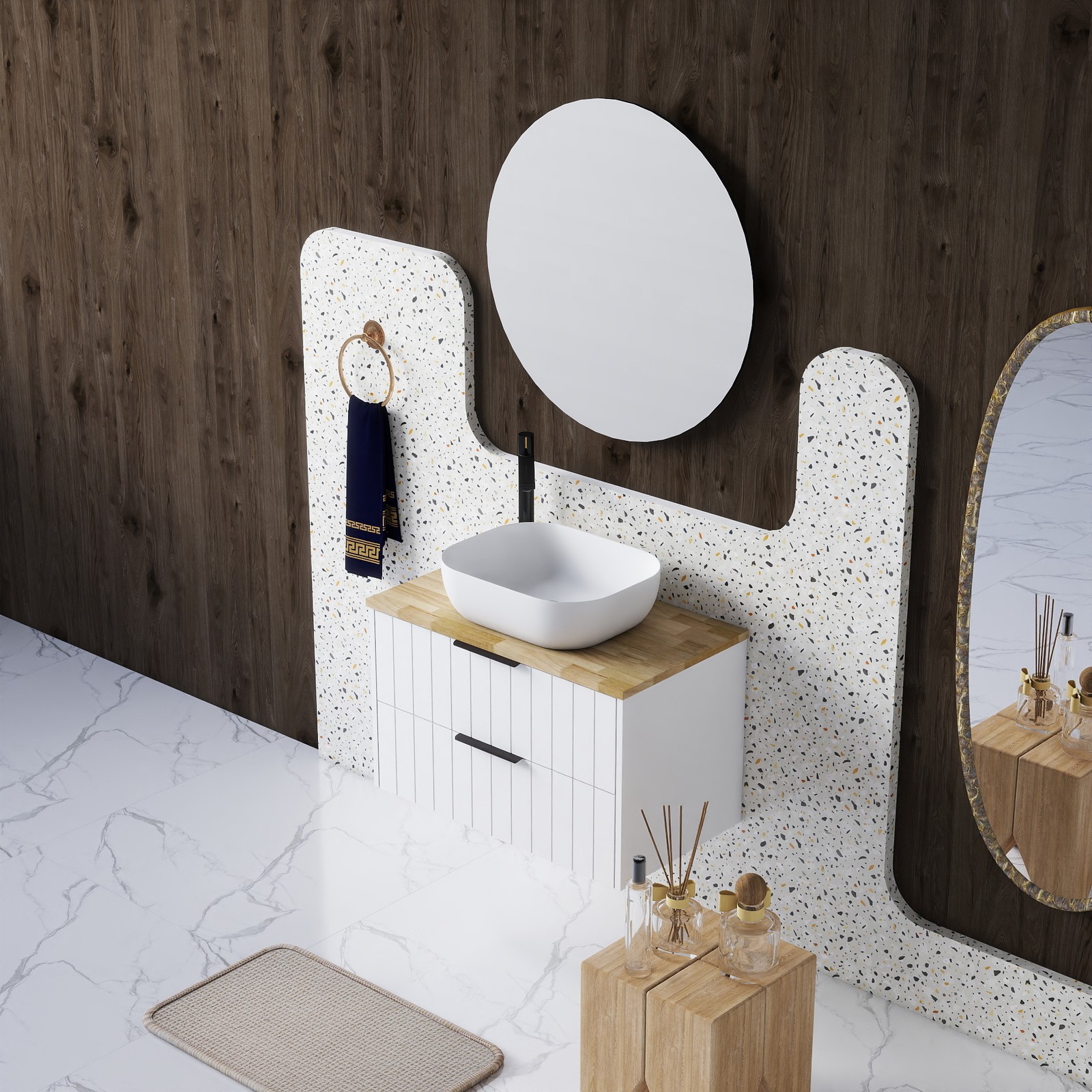 32 Inch Double Drawer Wall Mount Bathroom Vanity White Cabinet Solid Wood Top