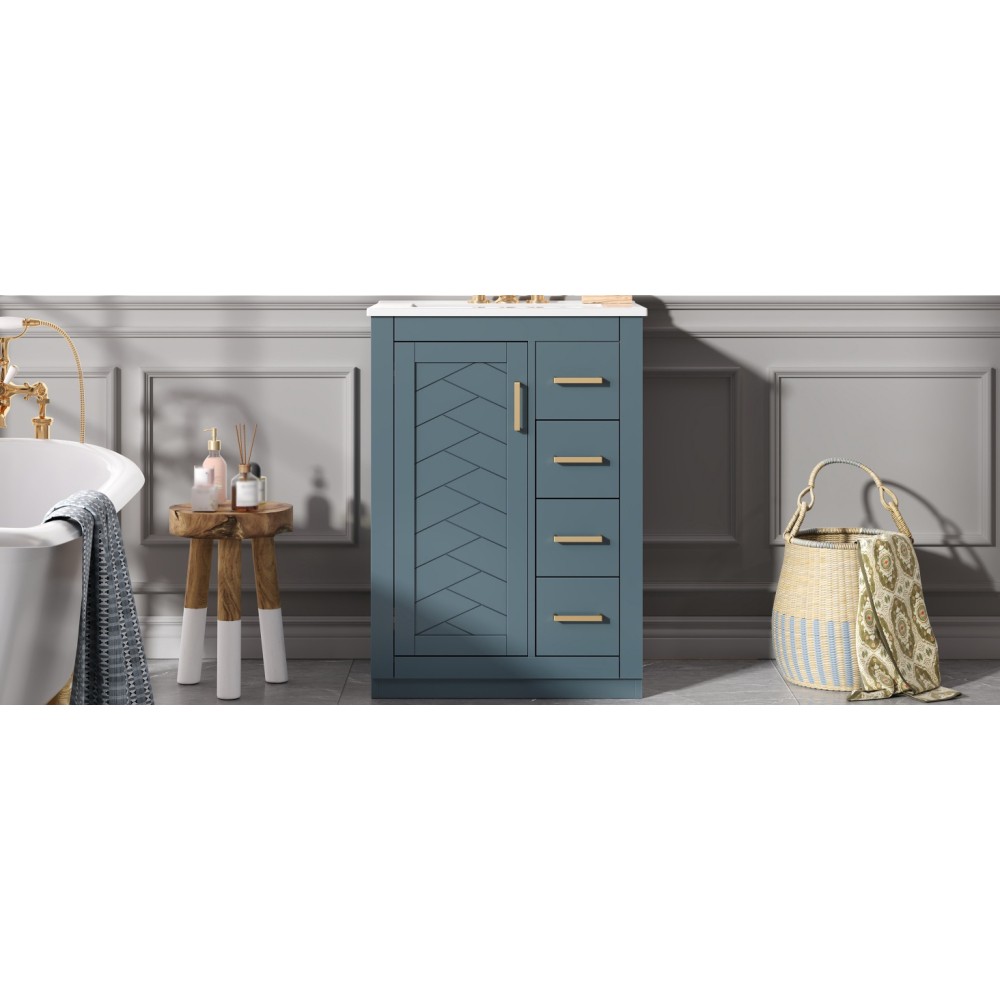 24in Bathroom Vanity Integrated Ceramic Sink 1 Door 3 Drawers