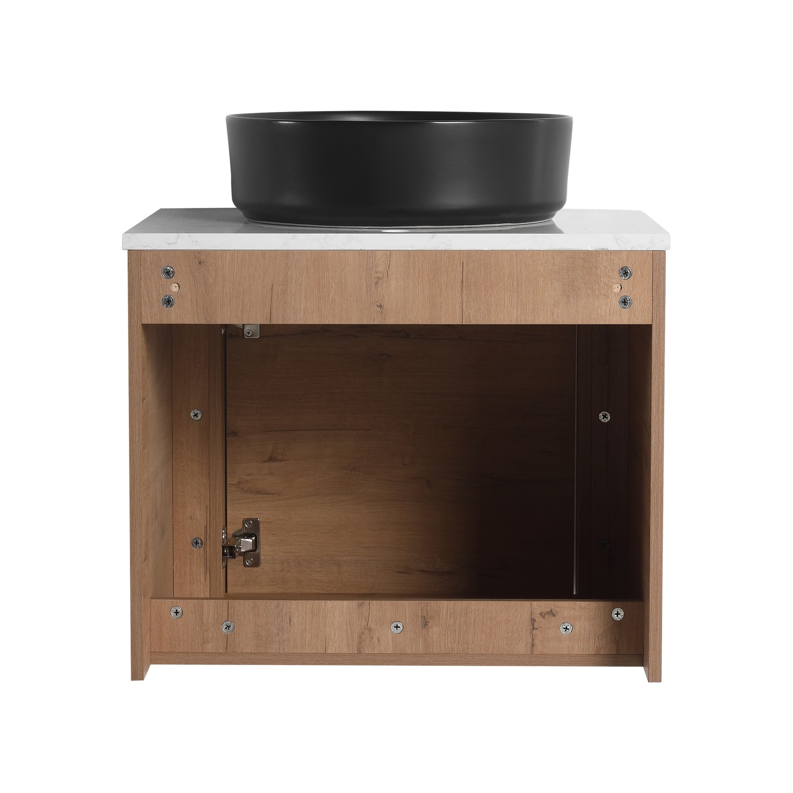 24 In Bathroom Vanity With White Flat Stone Slab Top Black Ceramic Vessel Sink