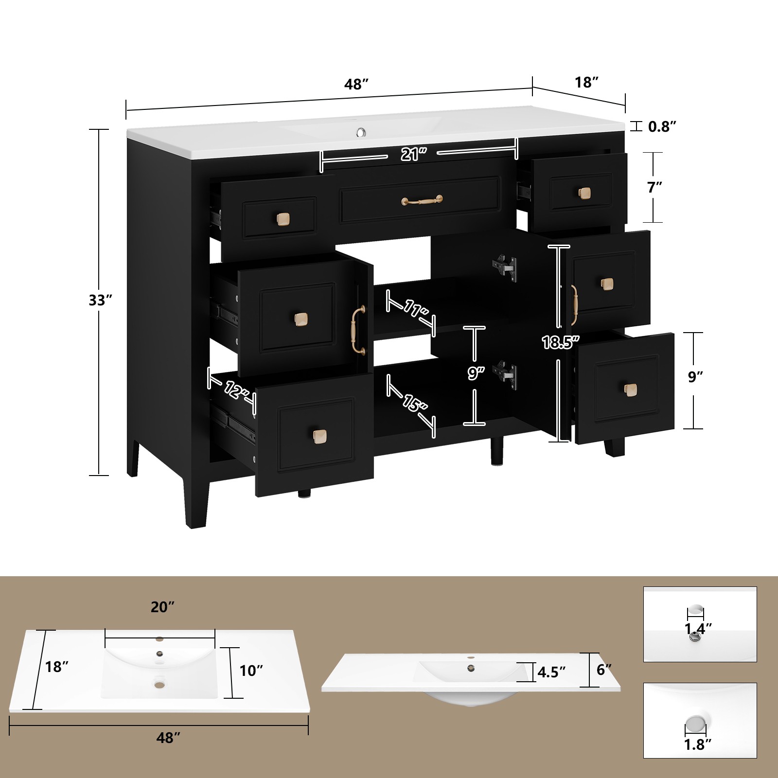 48″Bathroom Vanity with Sink Soft Close 2 Doors and 6 Drawers Freestanding Black