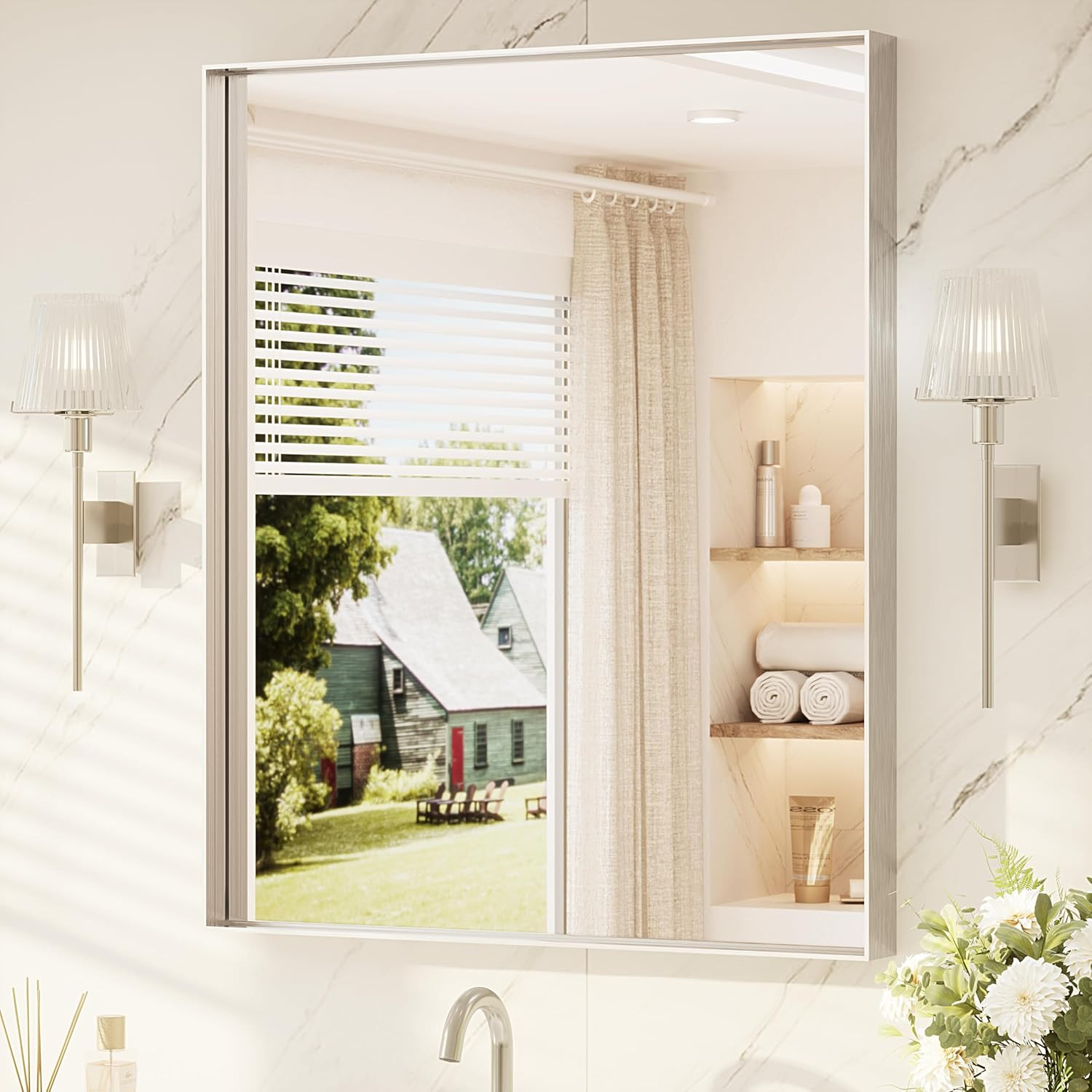 Brushed Nickel 30″x36″ Modern Farmhouse Bathroom Vanity Mirror with Tempered Gla