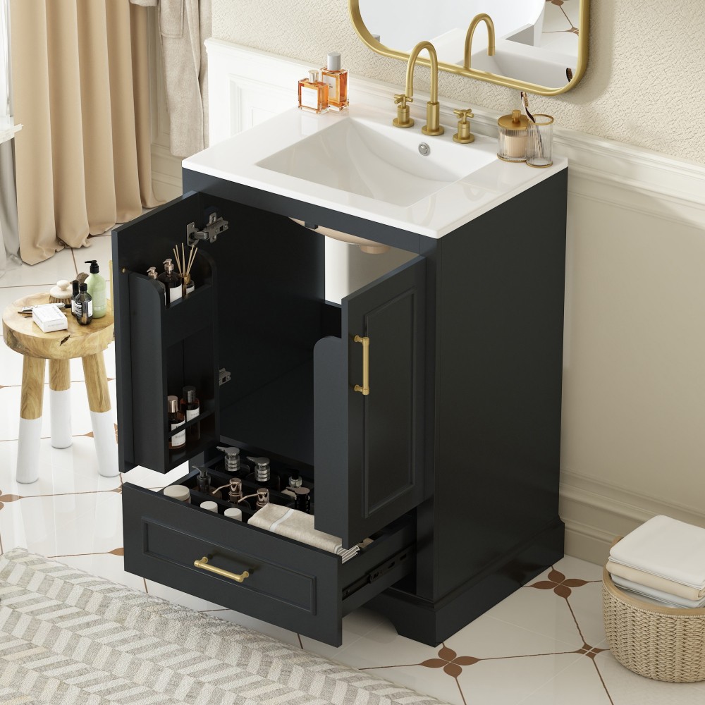24″Bathroom Vanity with Sink, MDF Cabinet with Solid Wood Frame 1 Divided Drawer