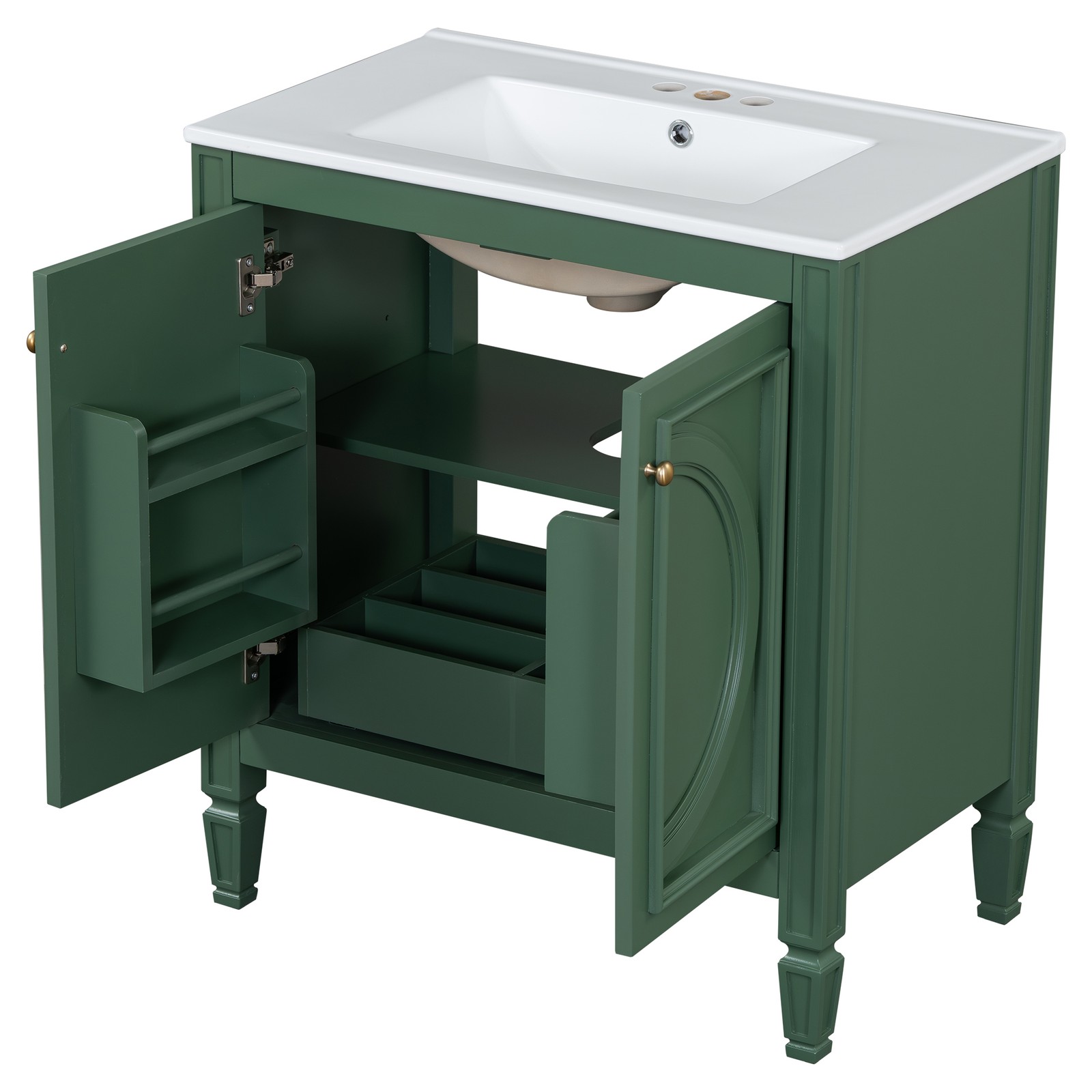 30″ Bathroom Vanity with Ceramic Sink, Two Doors & Drawer, Green