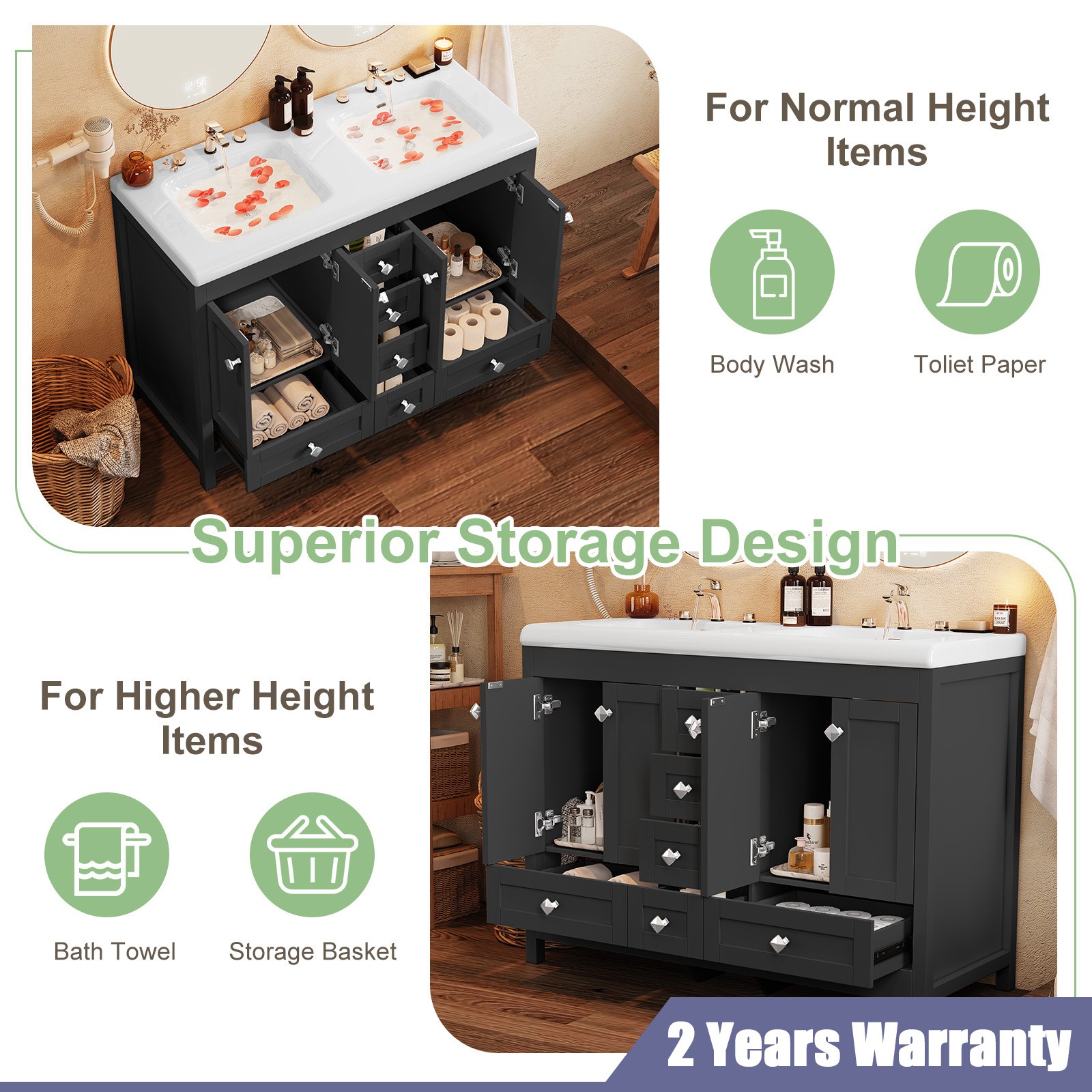 Bathroom Vanity Freestanding Double Basin Ceramic Sink Vanity Cabinet Drawers