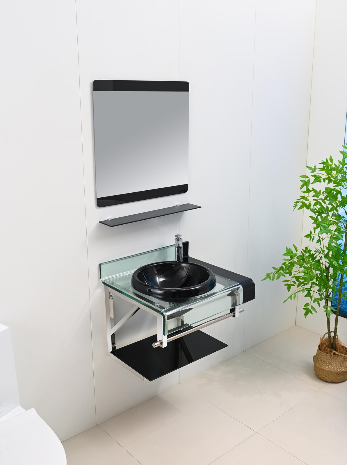 24″ Black Tempered Glass Bathroom Vanity set Floating Sink Mirror Shelves combo