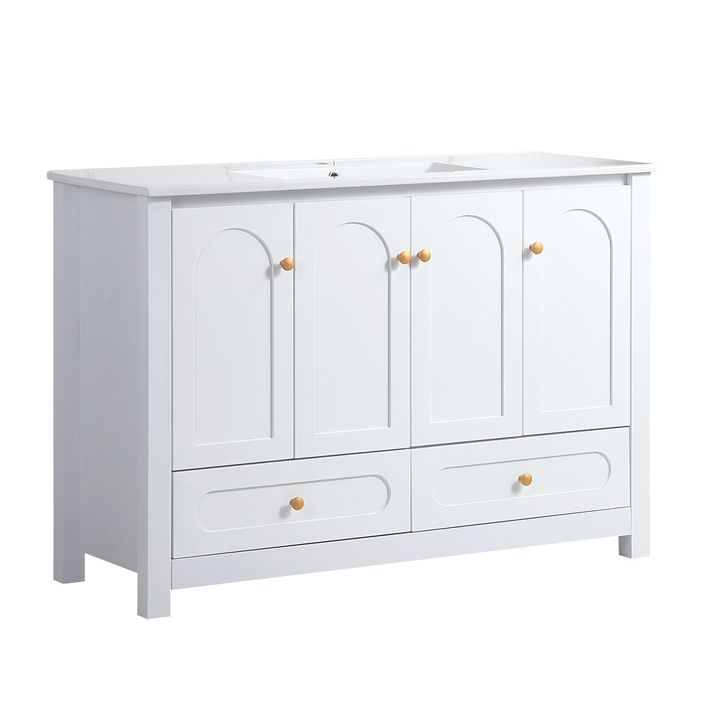 48 Inch White Bathroom Vanity with Resin Sink, 4 Doors 2 Drawers