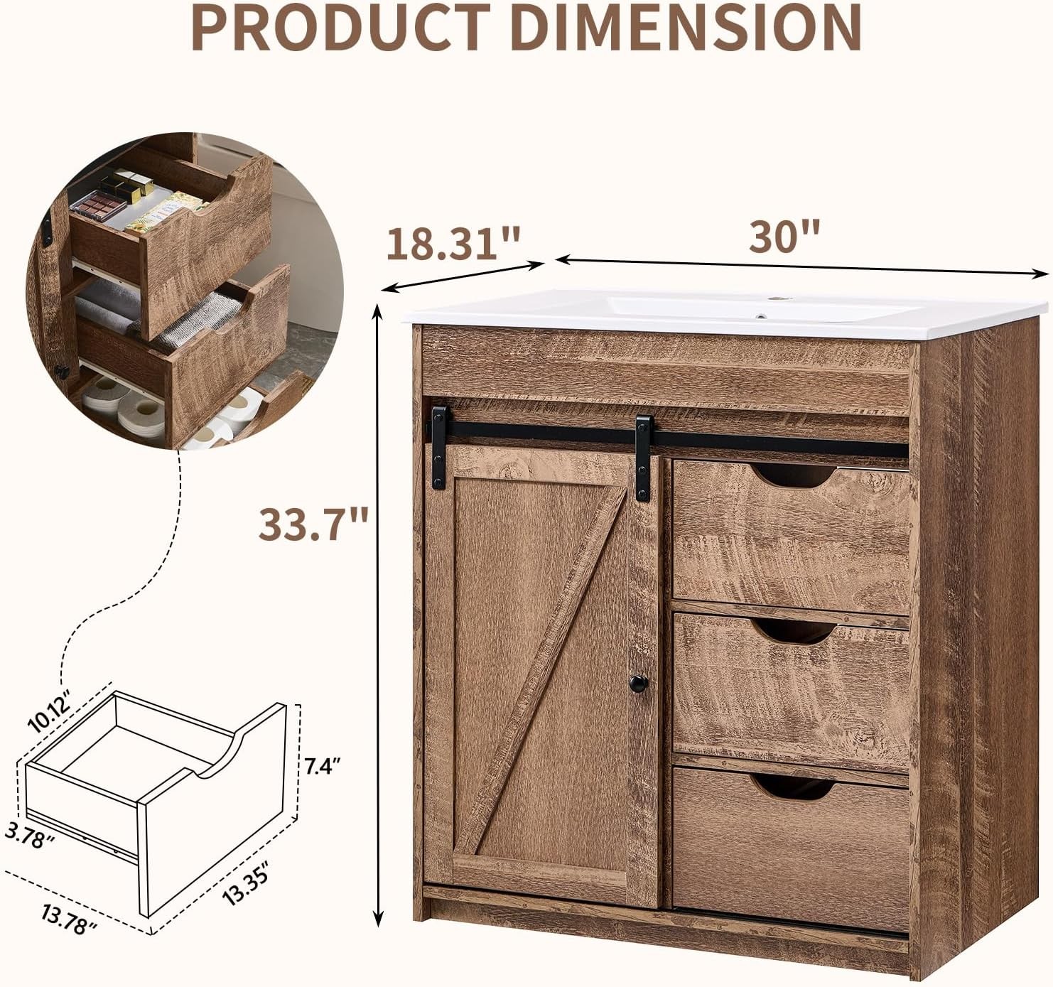 30″ Farmhouse Bathroom Vanity with Ceramic Sink Combo Freestanding Modern