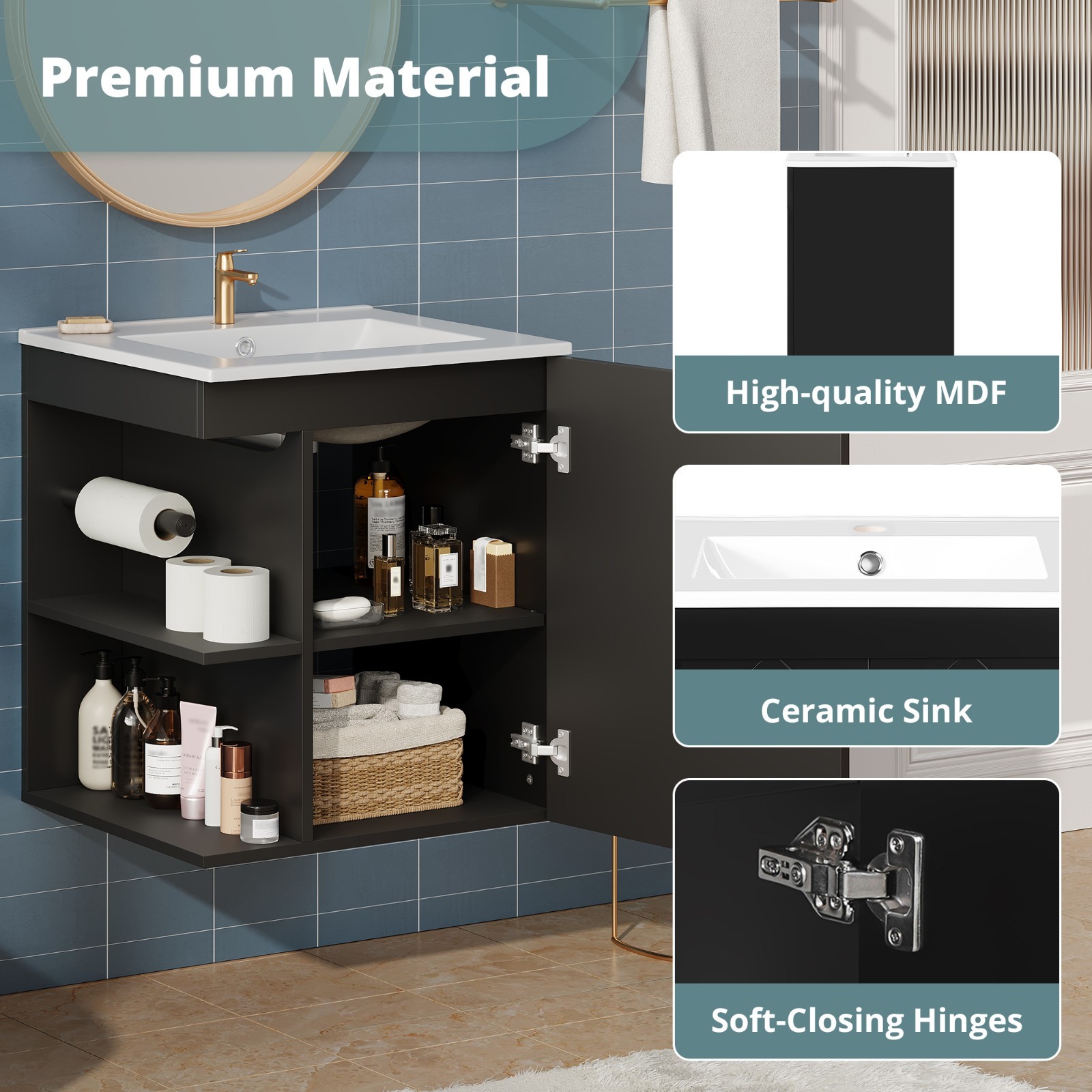 20″ Wall Mounted Bathroom Vanity Storage Cabinet With Sink Door Open Shelves