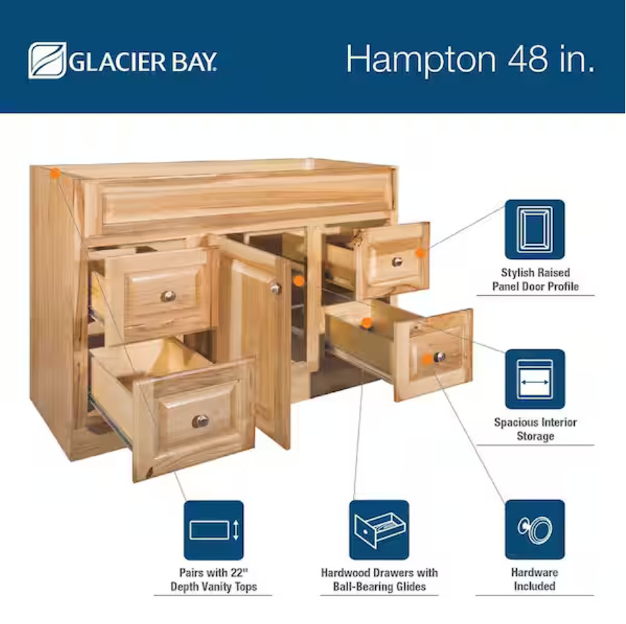 Glacier Bay Hampton 48 Bath Vanity Cabinet – Natural Hickory, Cabinet Only NEW
