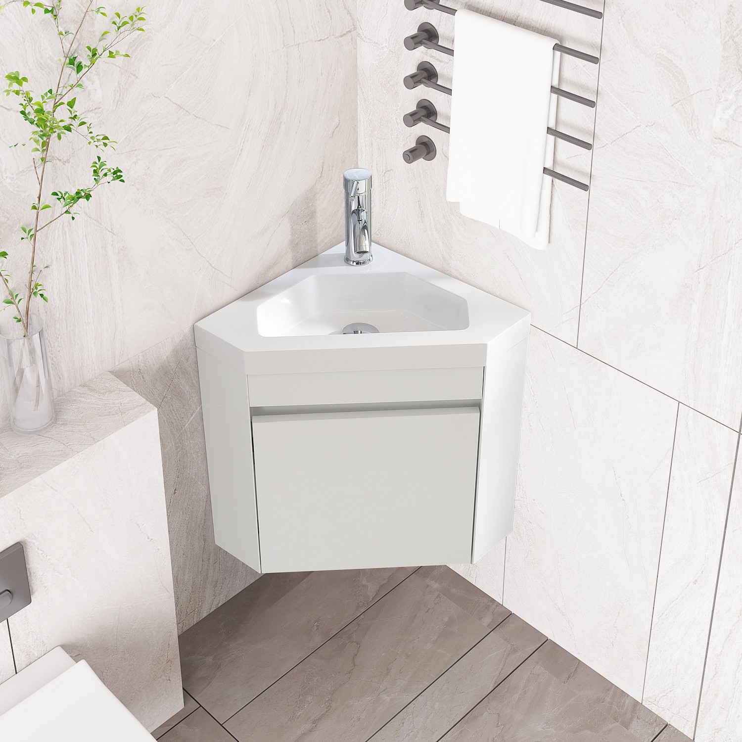 22″ Corner Wall Mounted Bathroom Vanity Floating Cabinet w/Sink for Small Space