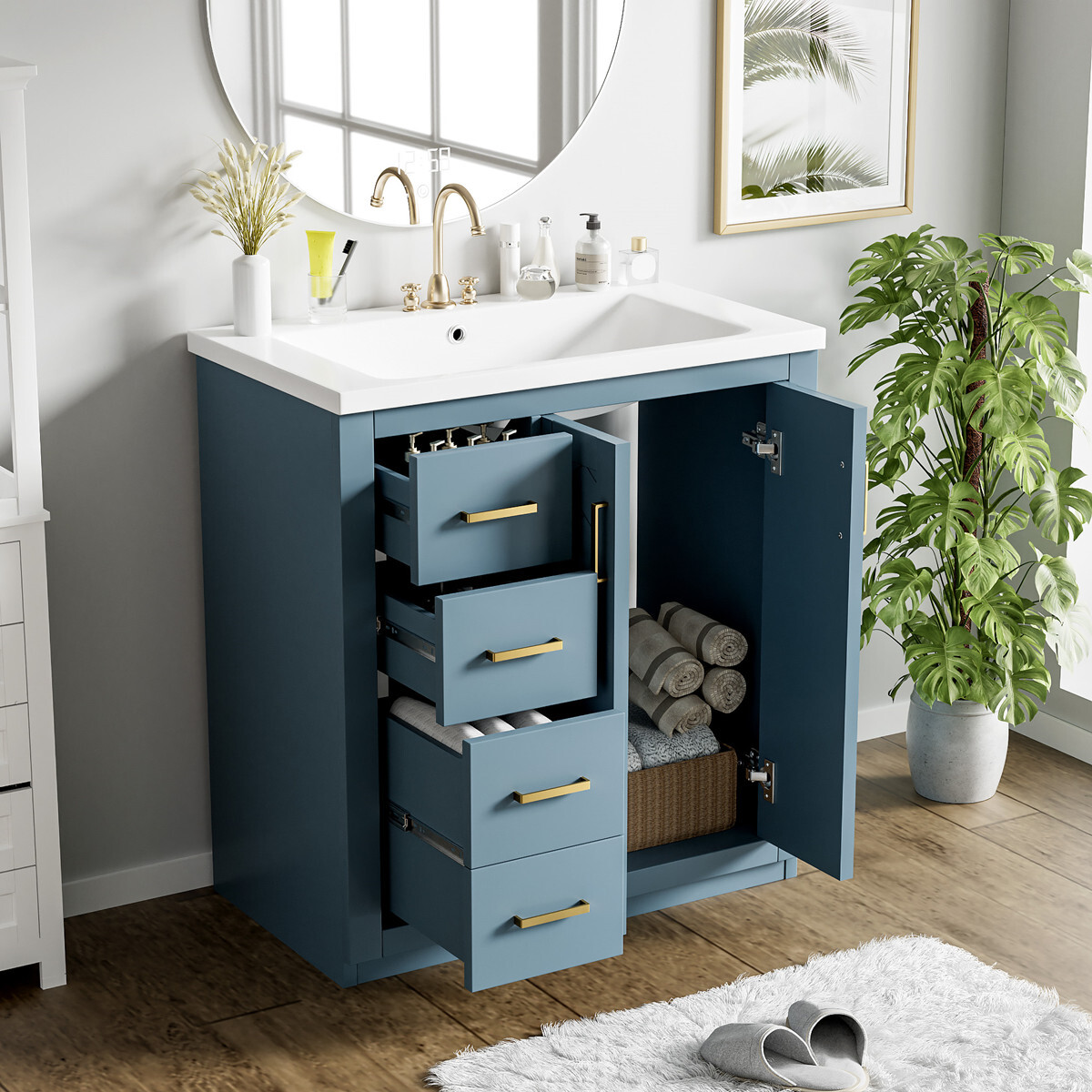 30″ Bathroom Vanity with Sink, Freestanding Vanity Cabinet, 2 Doors 3 Drawers