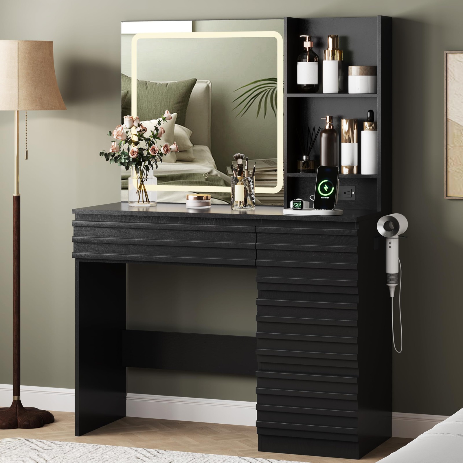 Black Fluted Vanity Desk with LED Mirror 4 Drawers Outlet 3 Modes Open Shelf