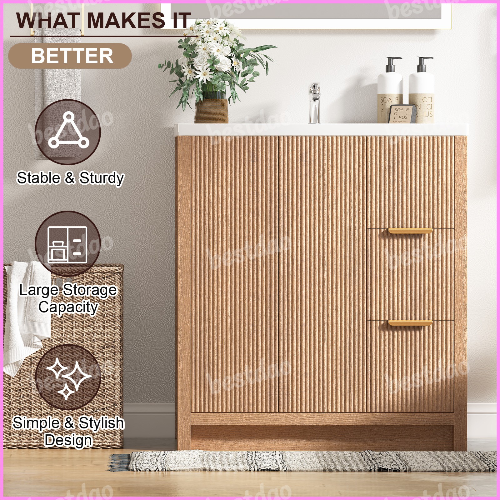 31″ Wooden Bathroom Vanity with Ceramic Sink Modern Bath Storage Cabinet