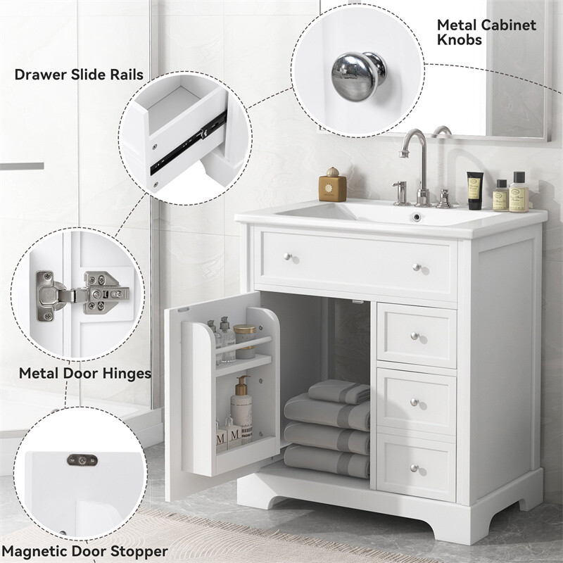 30″ White Bathroom Vanity with Ceramic Sink Set Storage Cabinet w/Door & Drawers