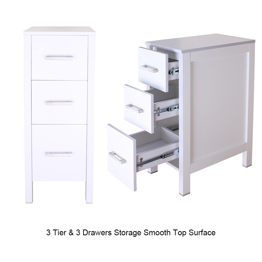 12″ White Bathroom Vanity 3 Drawers Small Beside Cabinet Shelf Modern MDF Wood