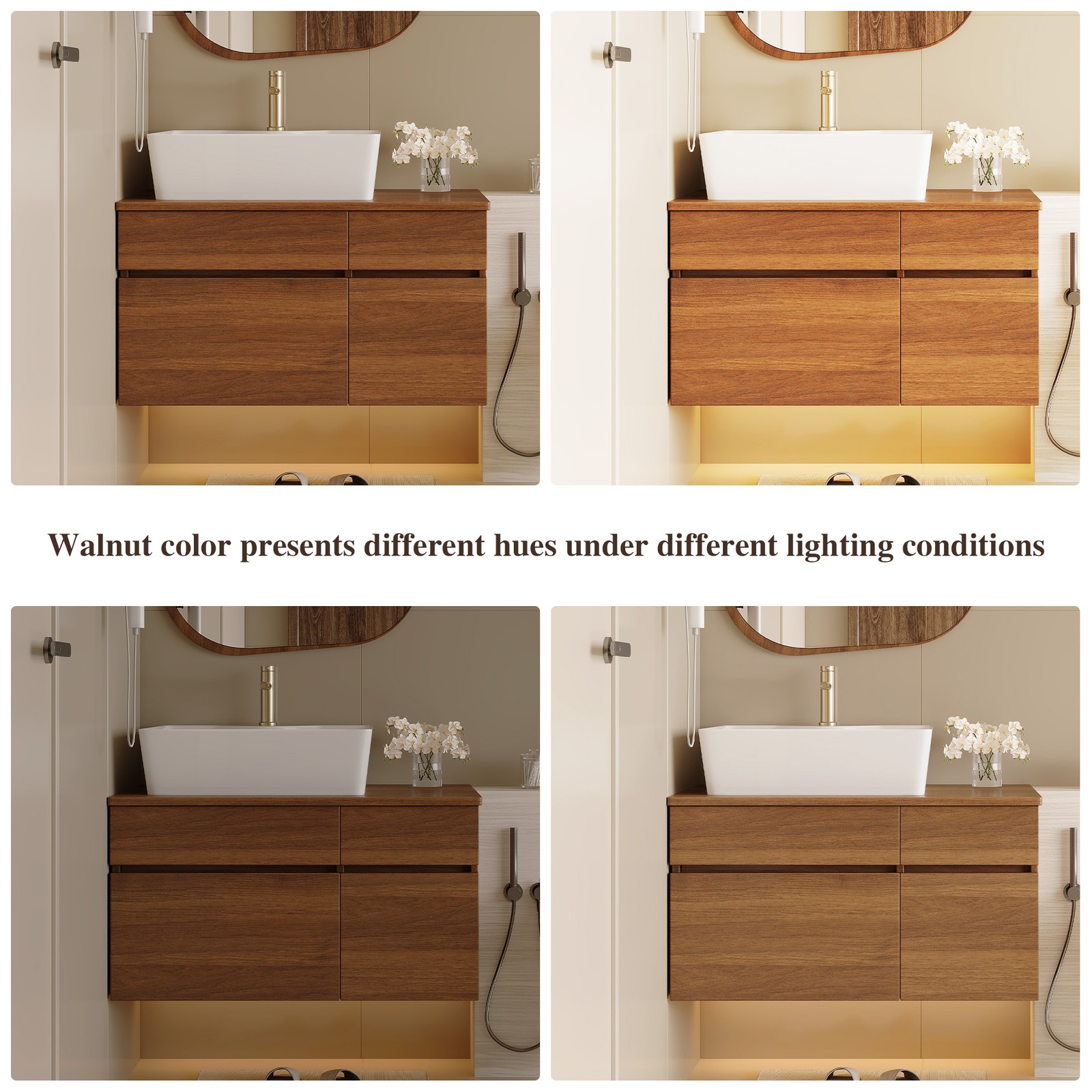 31.5In Plywood Walnut Floating Wall-Mounted Cabinet Vanity Ceramic Sink Bathroom