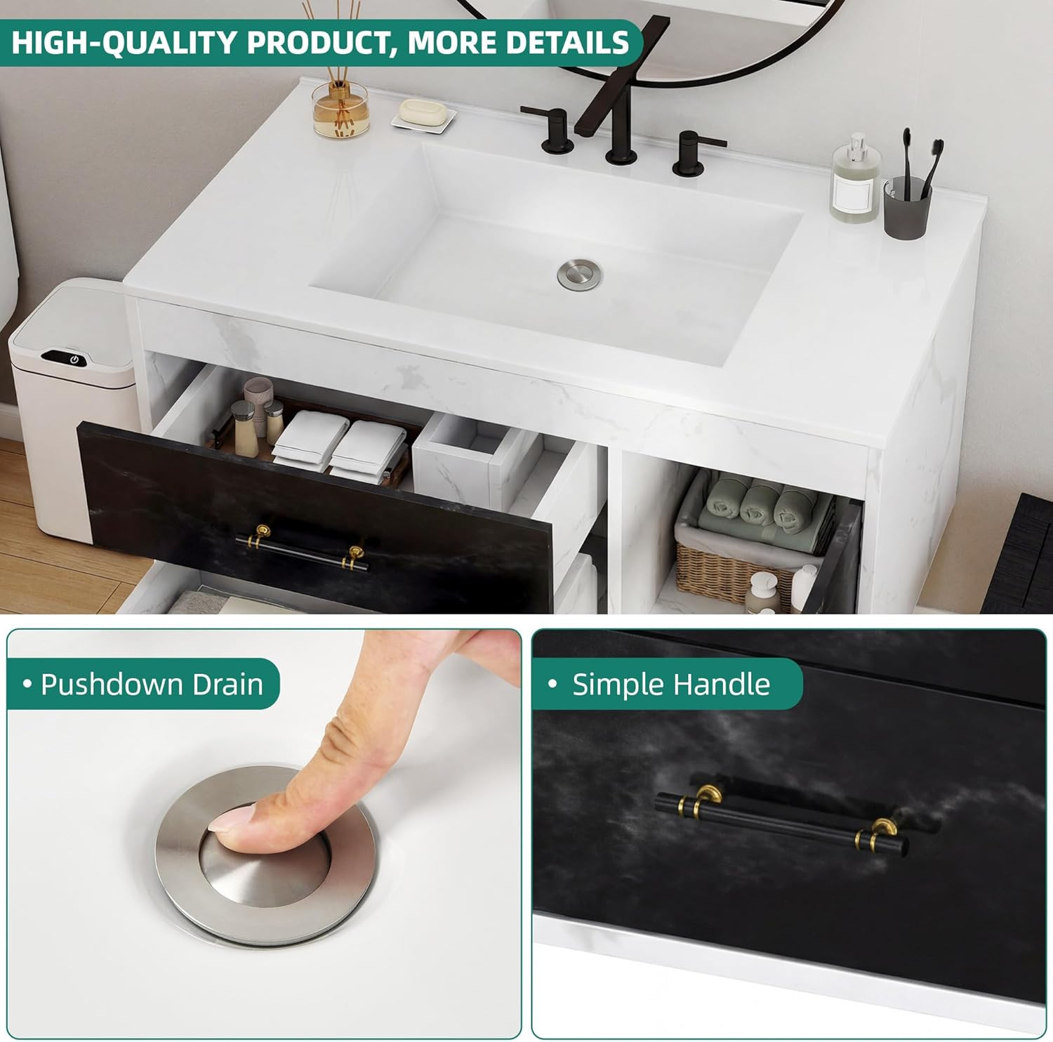 37″ Wall-Mounted Floating Bathroom Vanity with Sink & 2 Drawers
