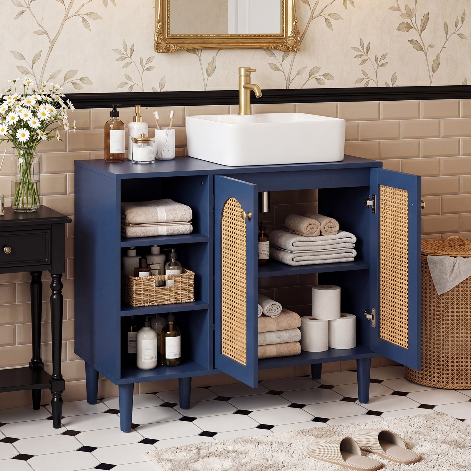 36” Under Sink Cabinet, Boho Sink Base Cabinet w/Rattan Doors, Rubber Wood Legs