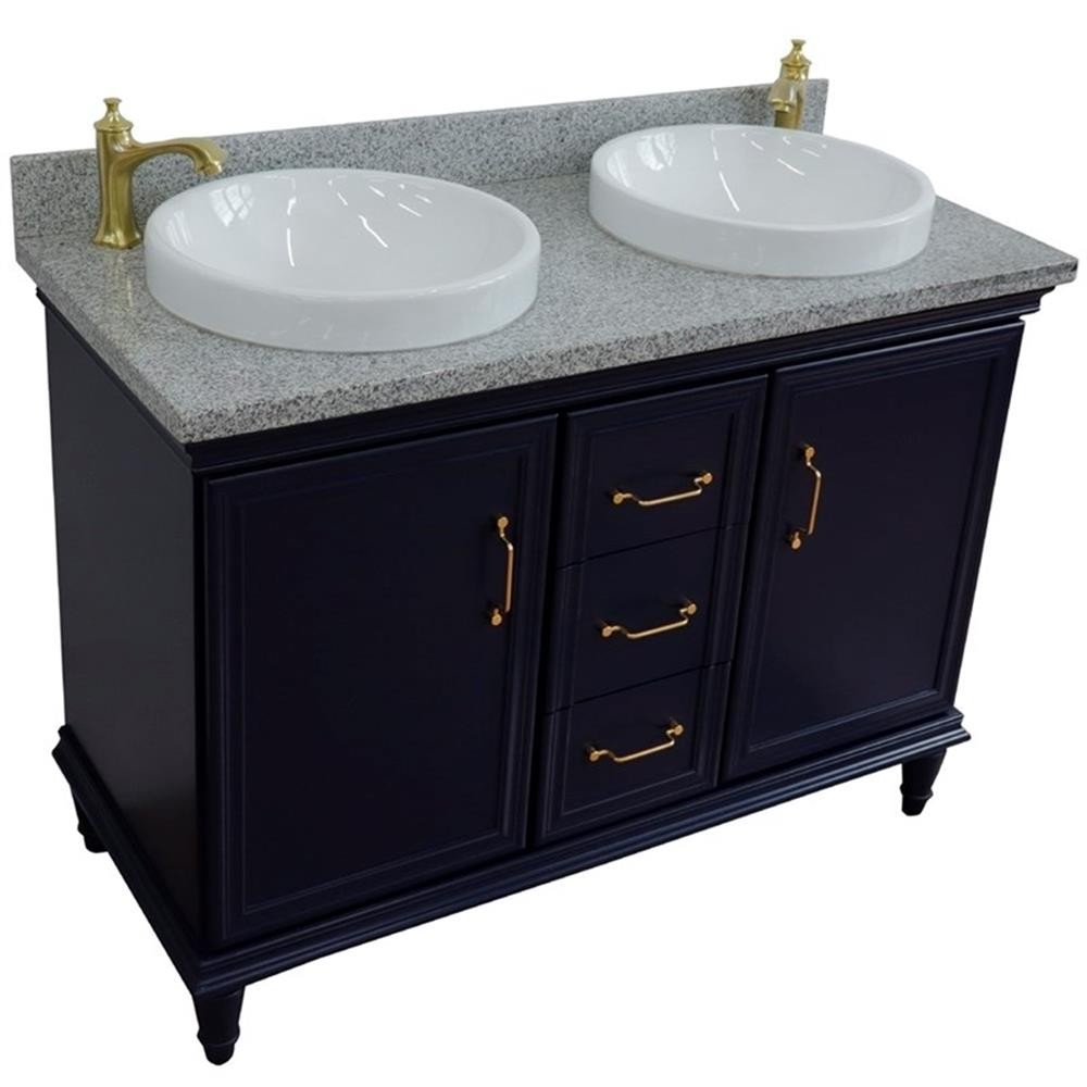 49 in. Double Wooden Vanity Blue with Gray Granite Round Sink