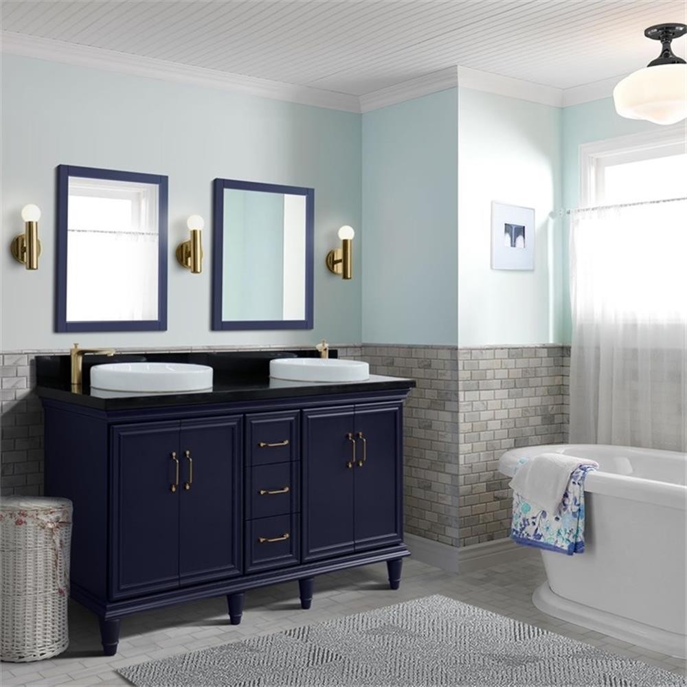 61 in. Double Wooden Vanity Blue Black Galaxy Granite Round Sink