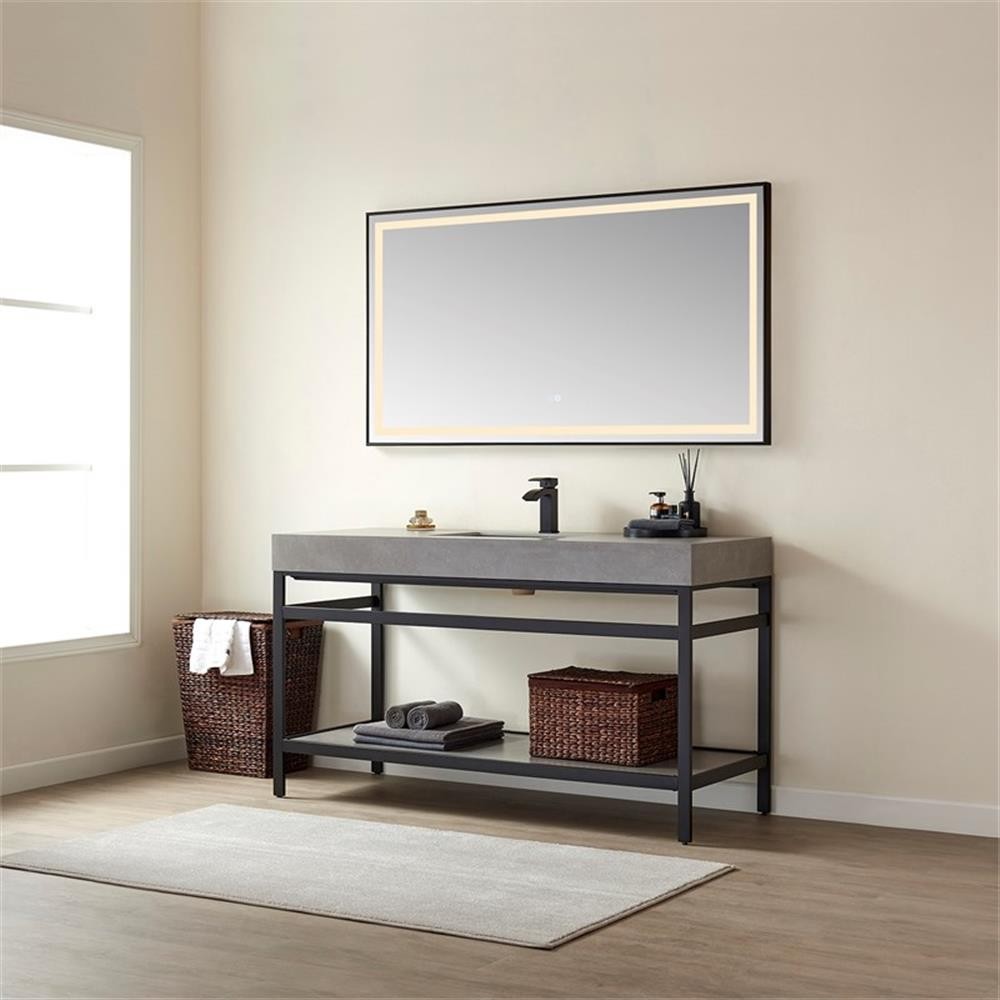 Funes 60″ Single Sink Bathroom Vanity in Matte Black Frame Gray Top w/ Mirror