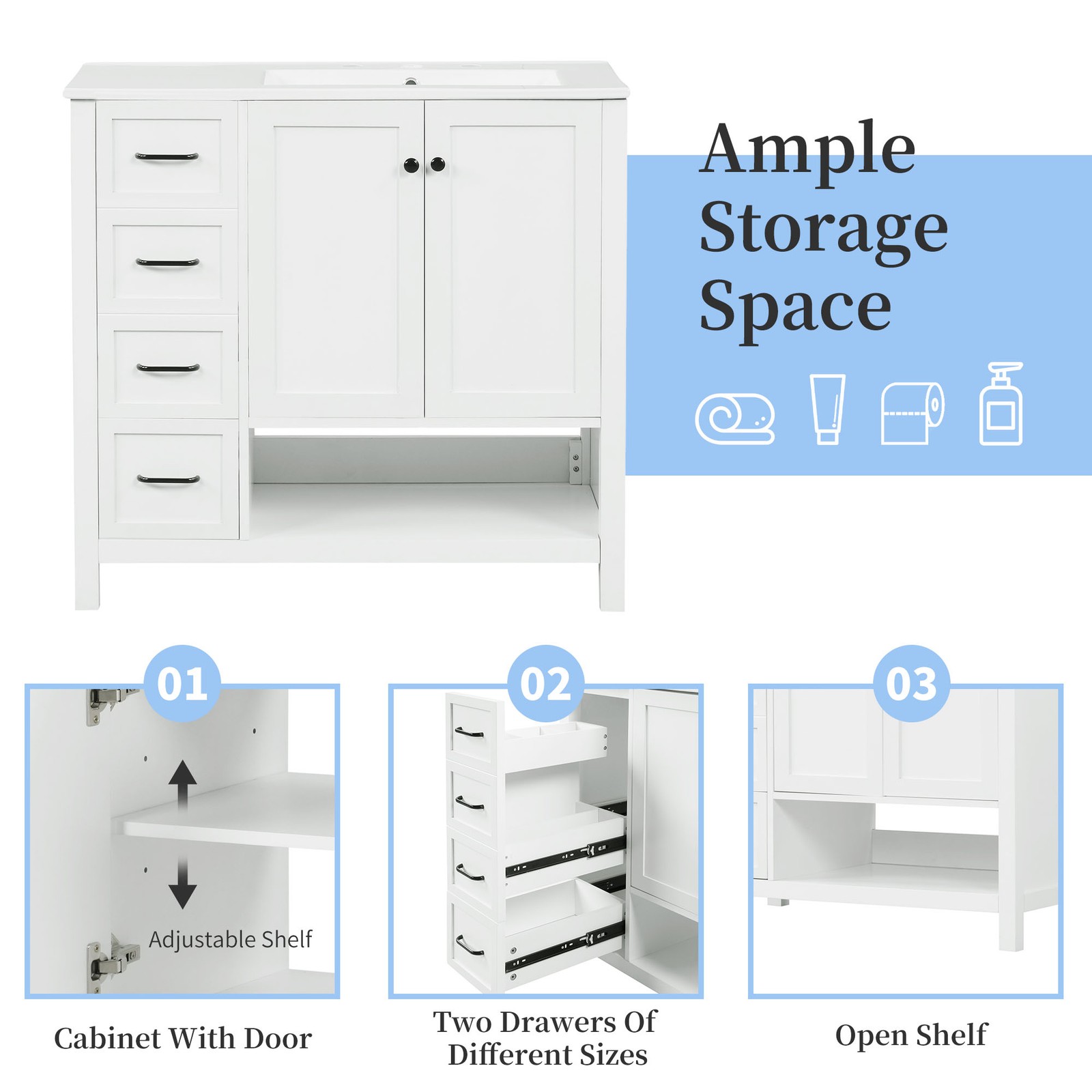 36″ Bathroom Vanity with Ceramic Sink, Modern Storage Cabinet w/Doors & Drawers