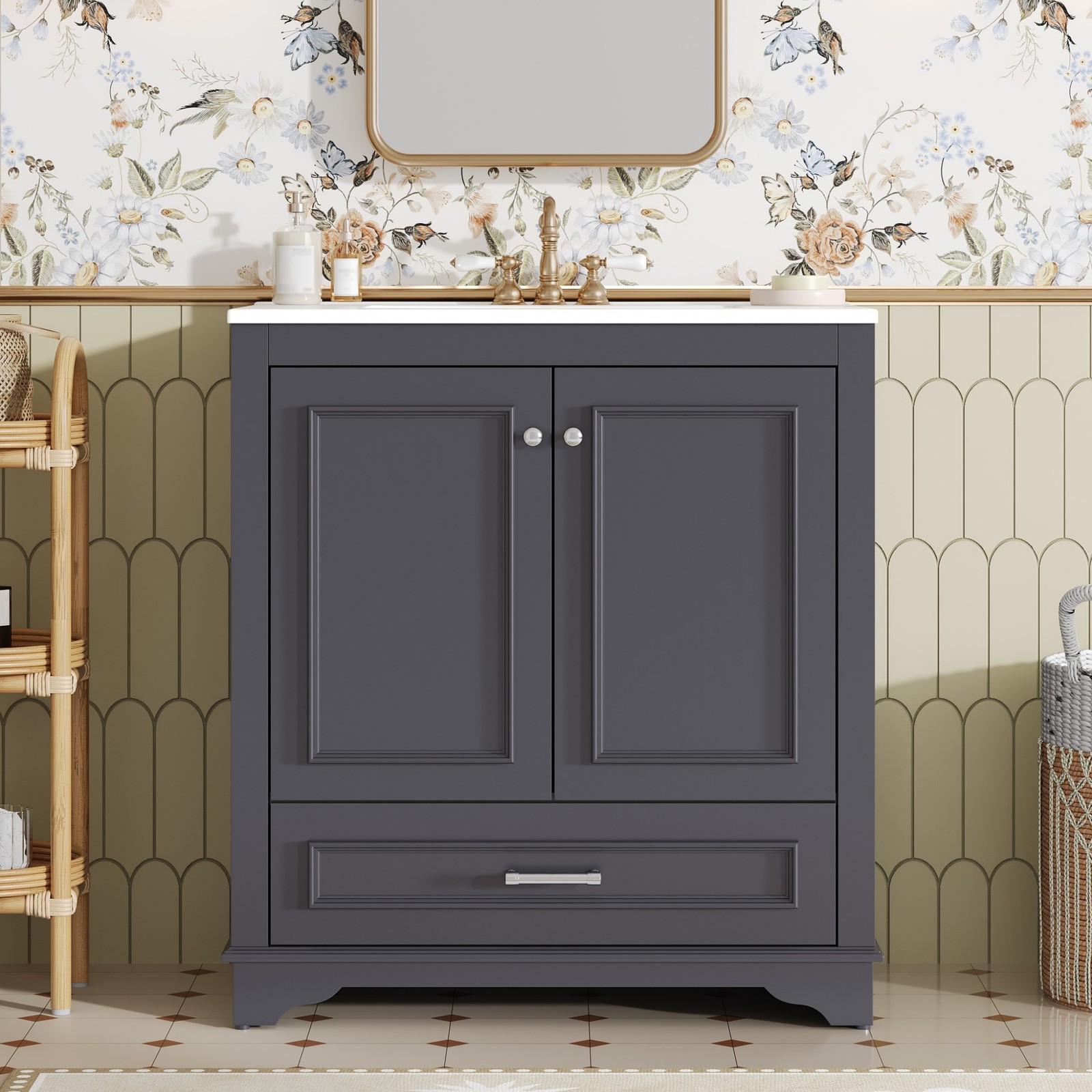 30.5″ Bathroom Vanity with Ceramic Sink, 2 Soft Close Doors, Solid Wood Frame