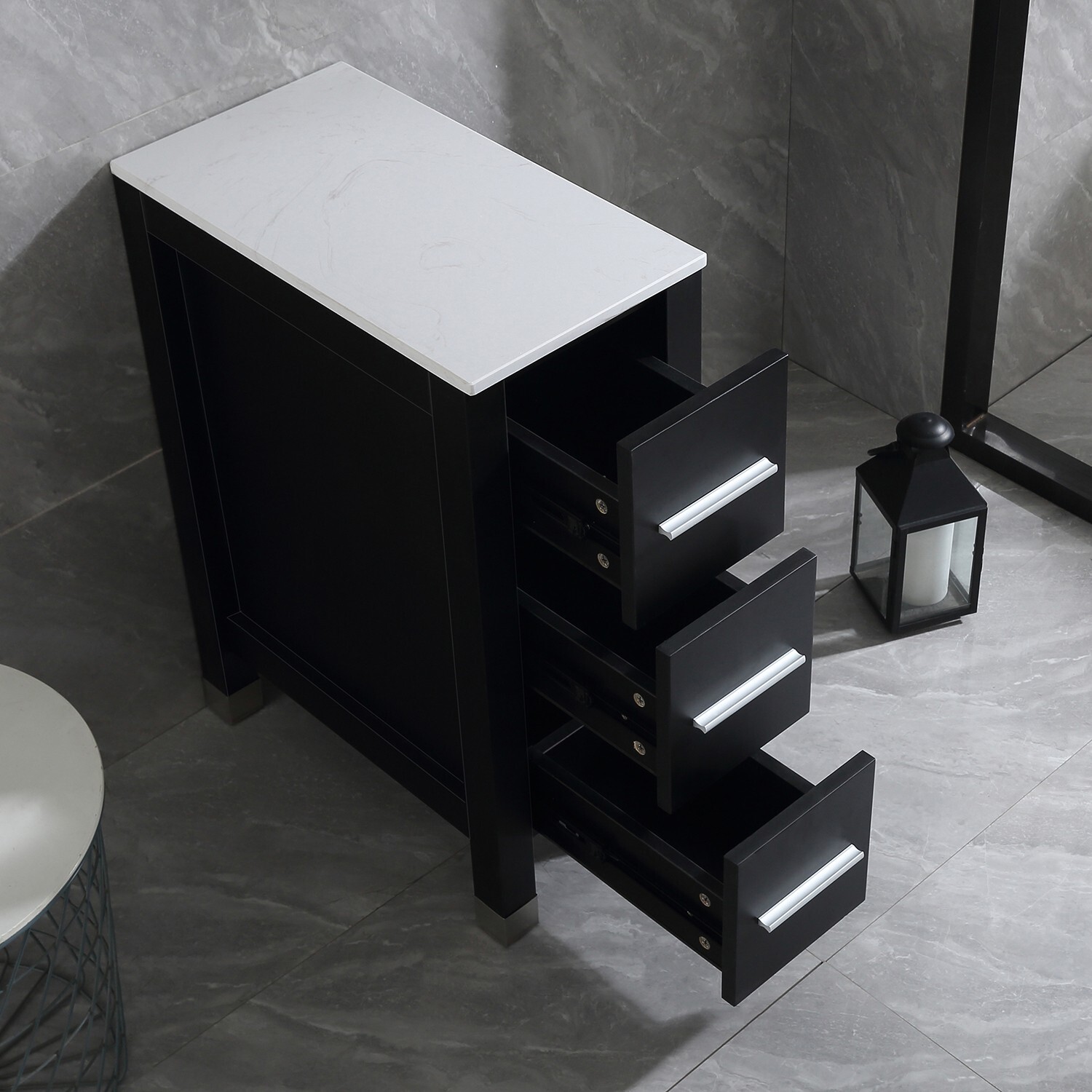 11.8 inch Wood Drawer Cabinet Engineered Stone Countertop Black