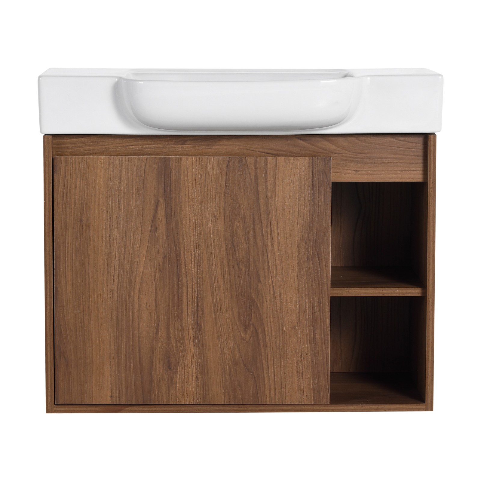 28″ Plywood Wall-Mounted Bathroom Vanity W/ Ceramic Sink Brown For Small Space
